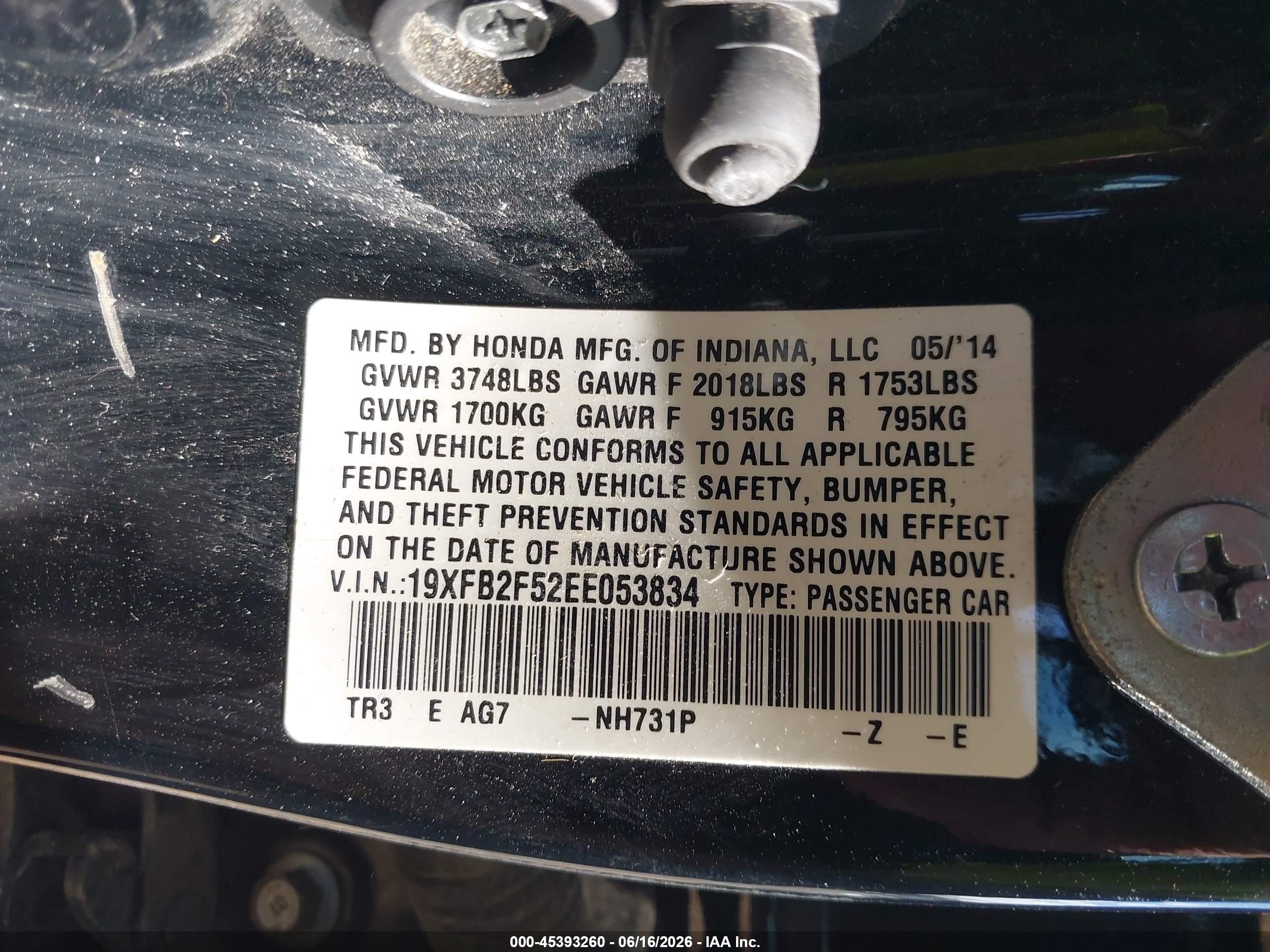 2014 Honda Civic Lx Black vin: 19XFB2F52EE053834