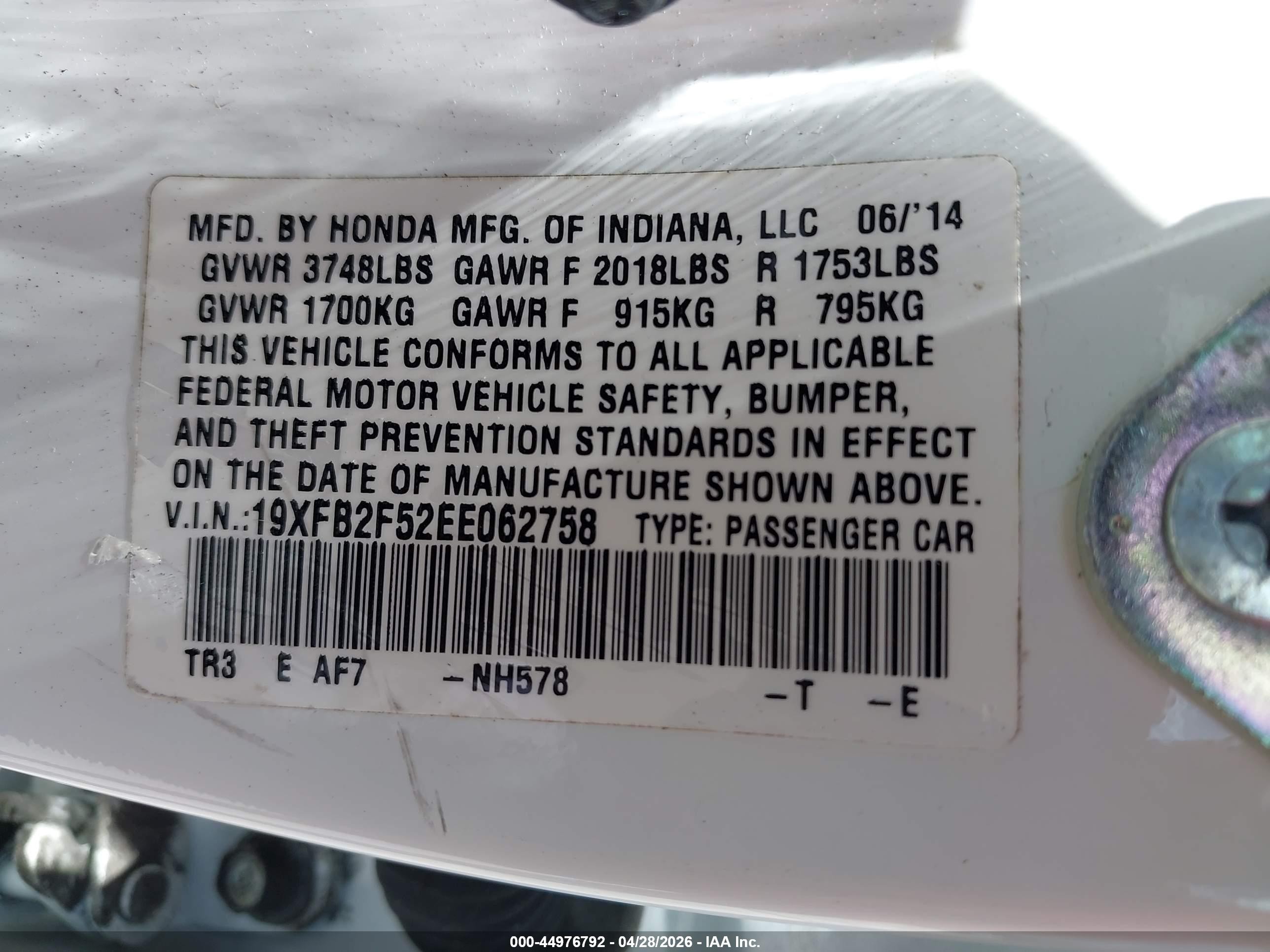 2014 Honda Civic Lx White vin: 19XFB2F52EE062758