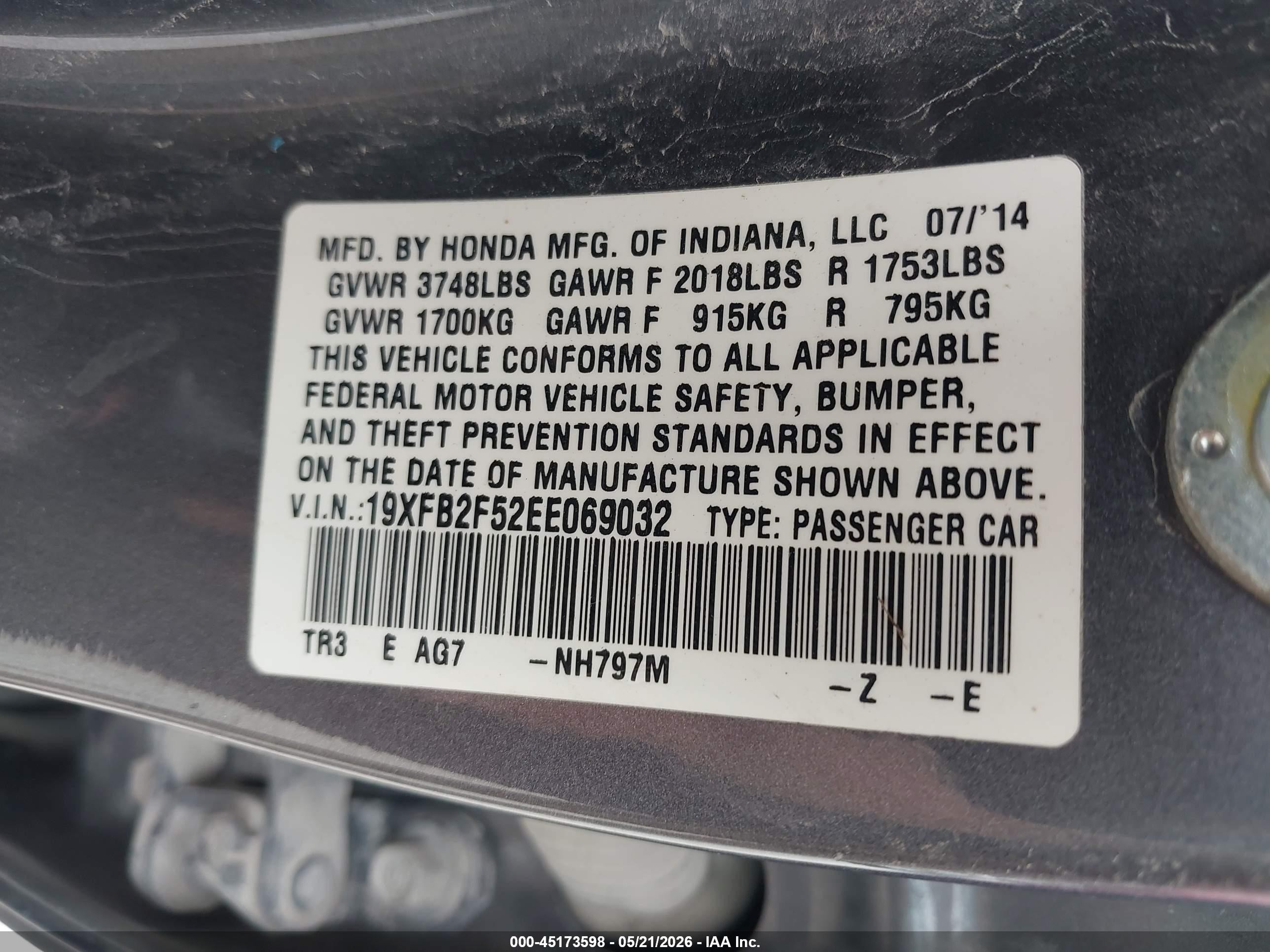 2014 Honda Civic Lx Gray vin: 19XFB2F52EE069032
