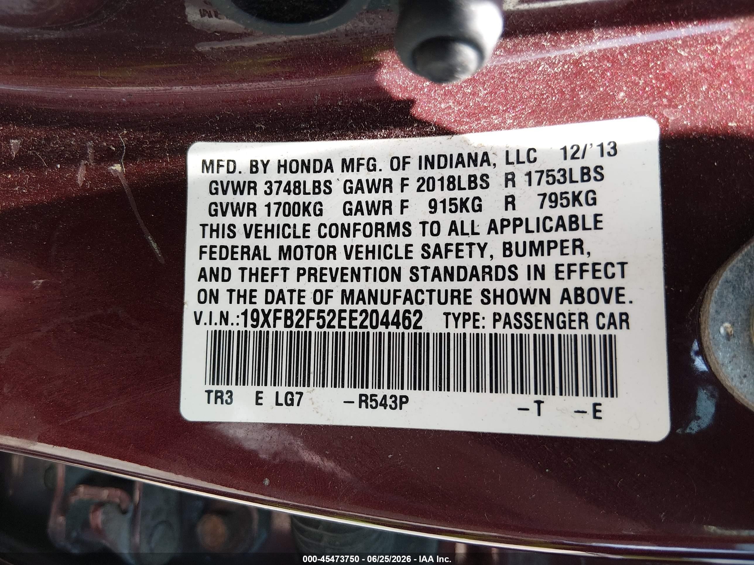 2014 Honda Civic Lx Burgundy vin: 19XFB2F52EE204462