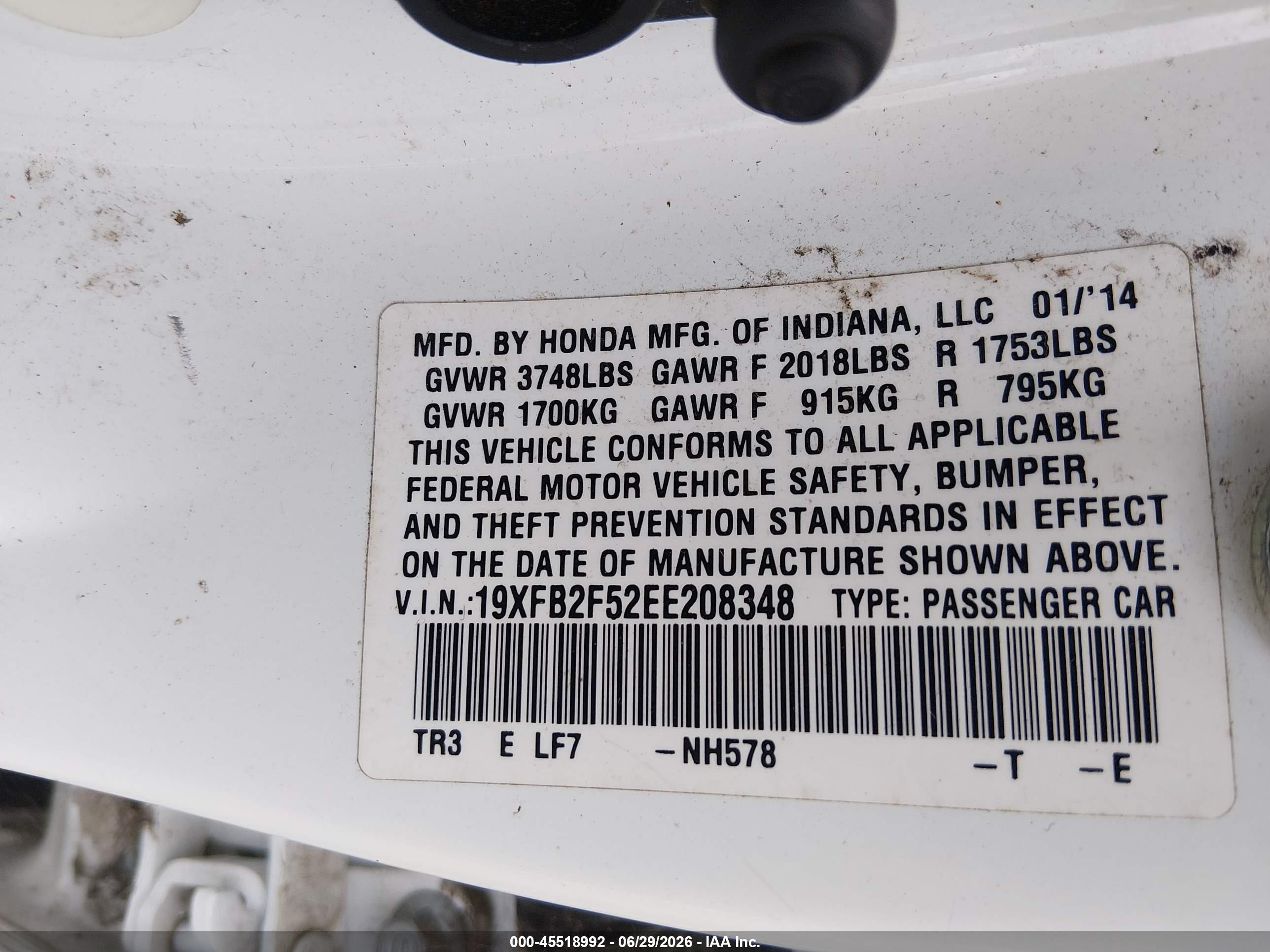 2014 Honda Civic Lx White vin: 19XFB2F52EE208348