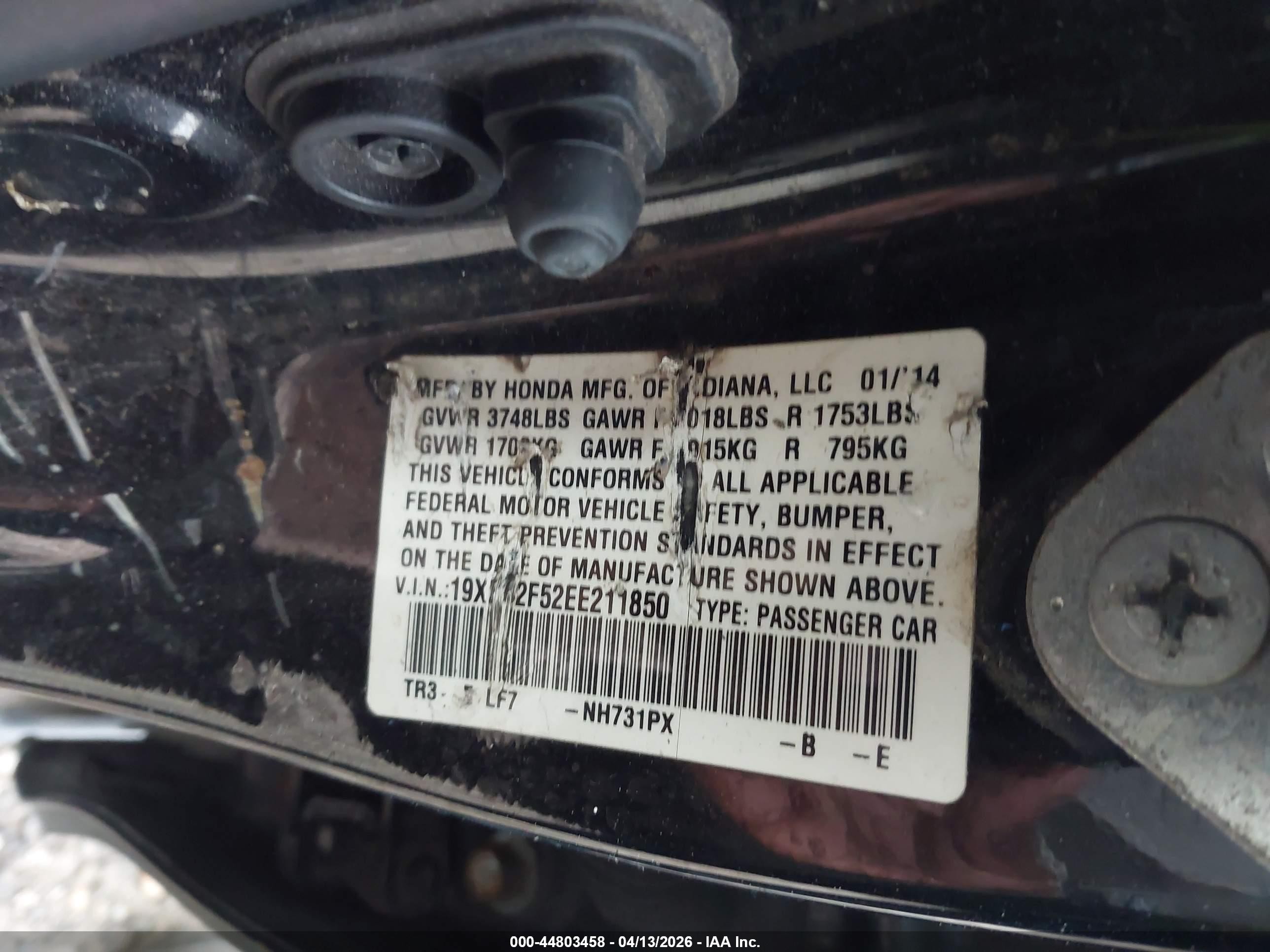 2014 Honda Civic Lx Черный vin: 19XFB2F52EE211850