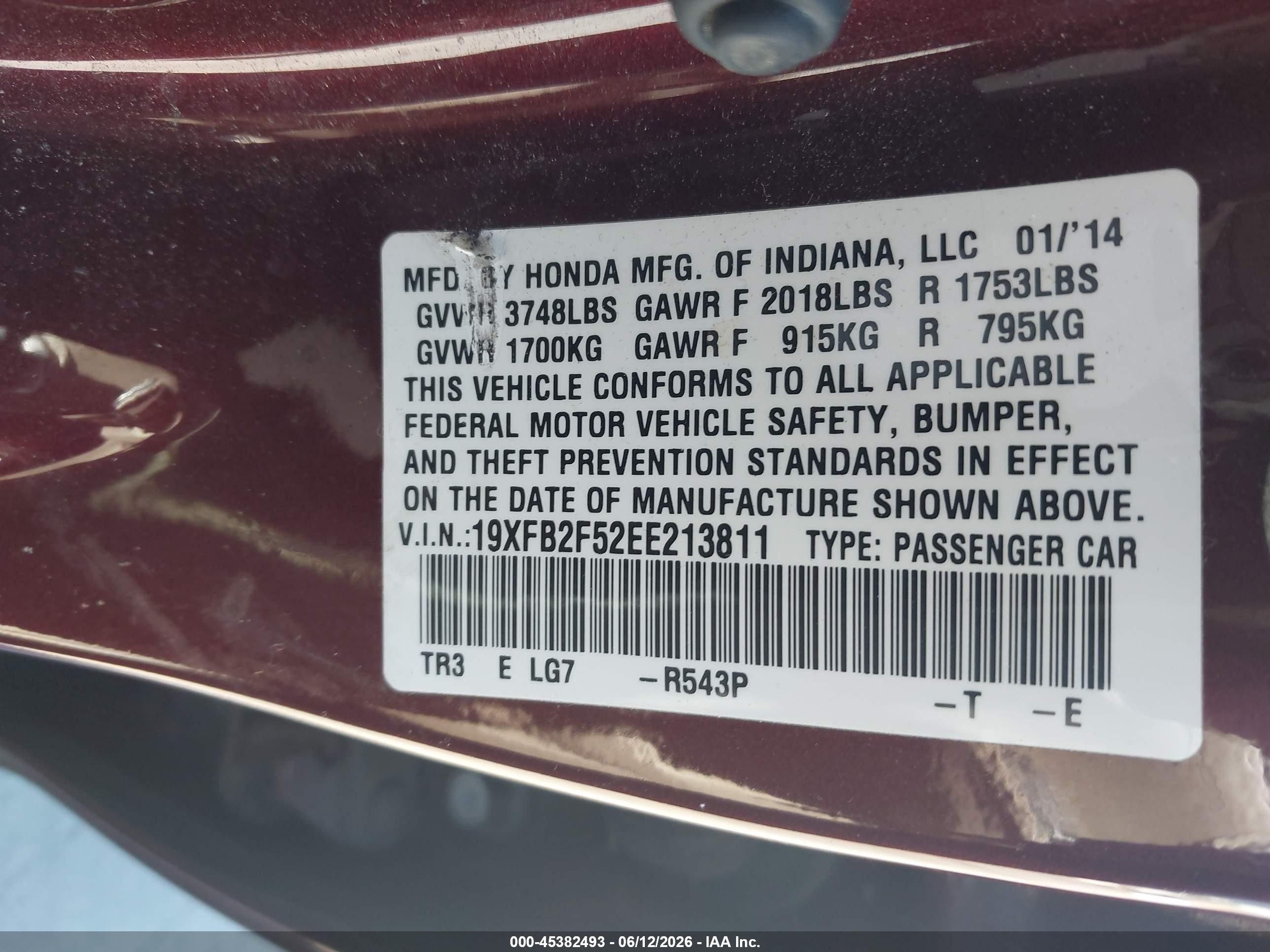 2014 Honda Civic Lx Red vin: 19XFB2F52EE213811