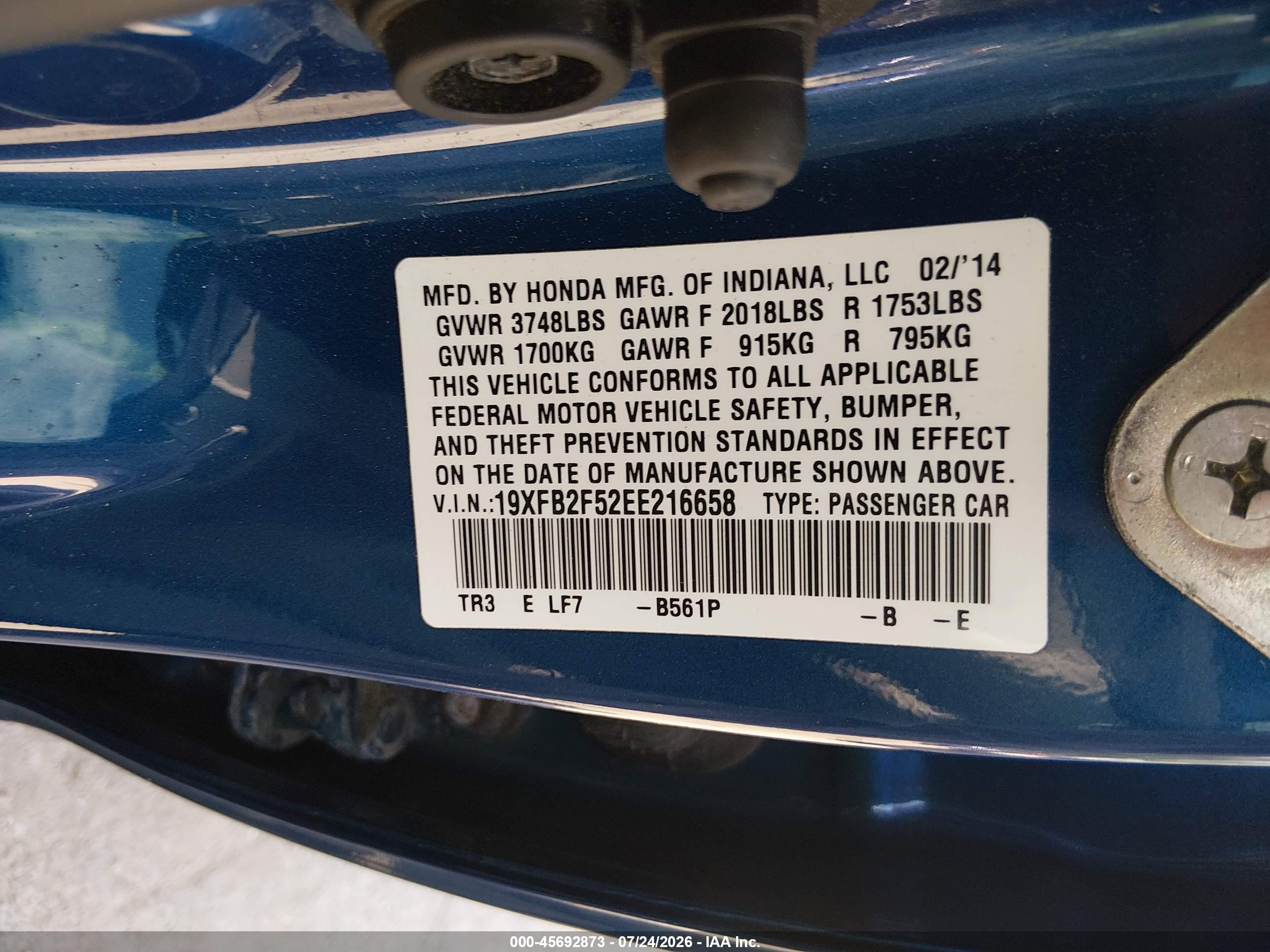 2014 Honda Civic Lx Blue vin: 19XFB2F52EE216658