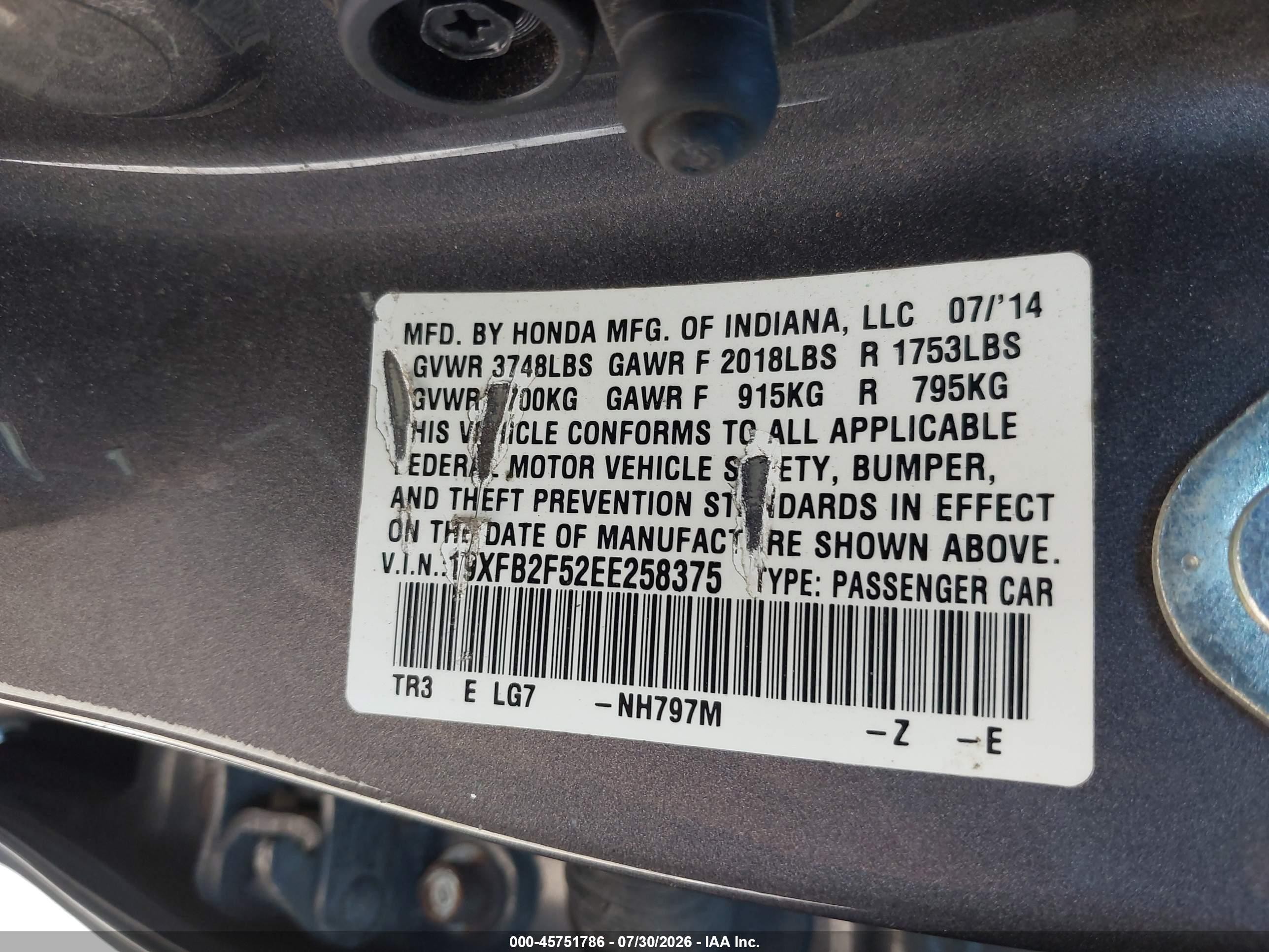 2014 Honda Civic Lx Gray vin: 19XFB2F52EE258375