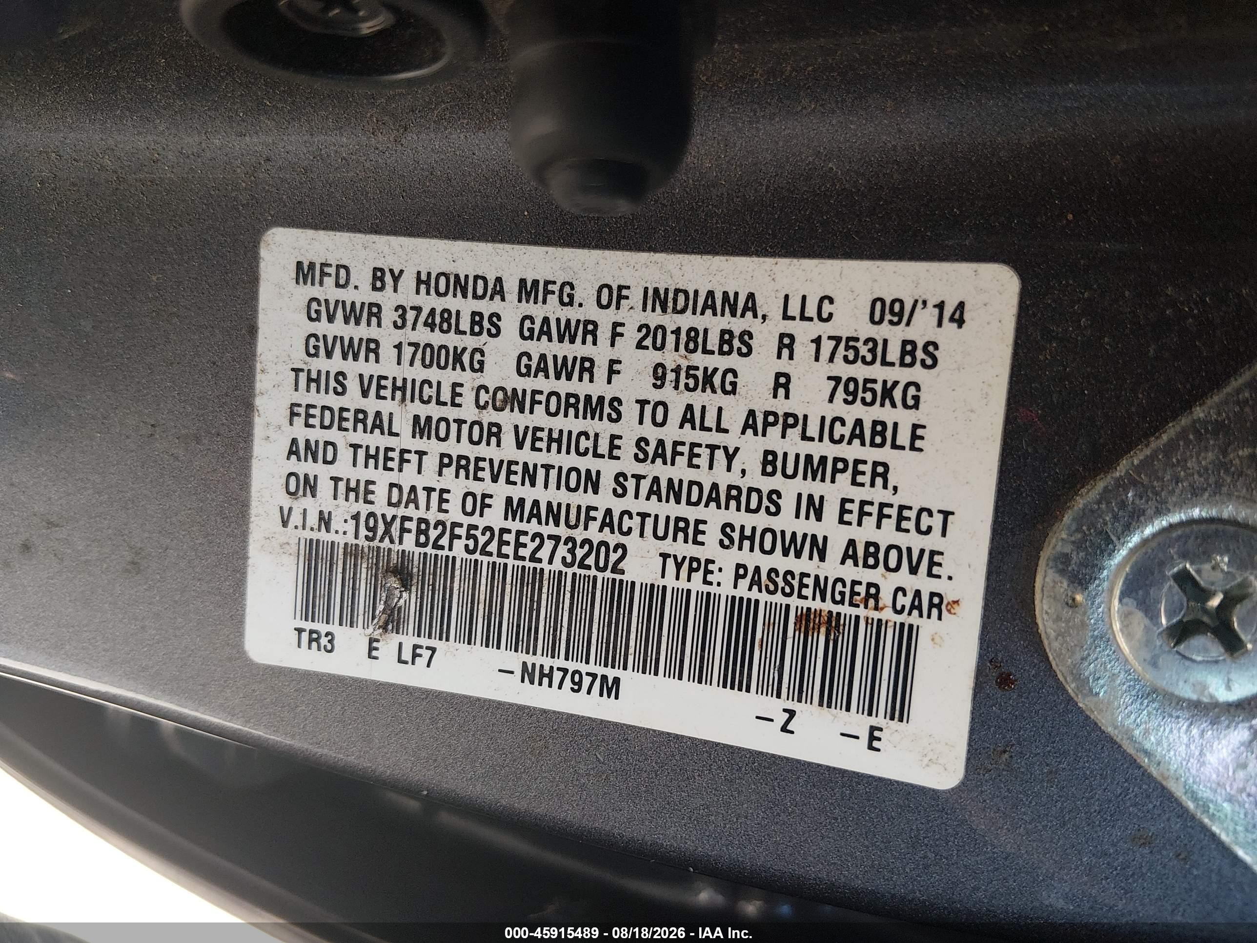2014 Honda Civic Lx Gray vin: 19XFB2F52EE273202
