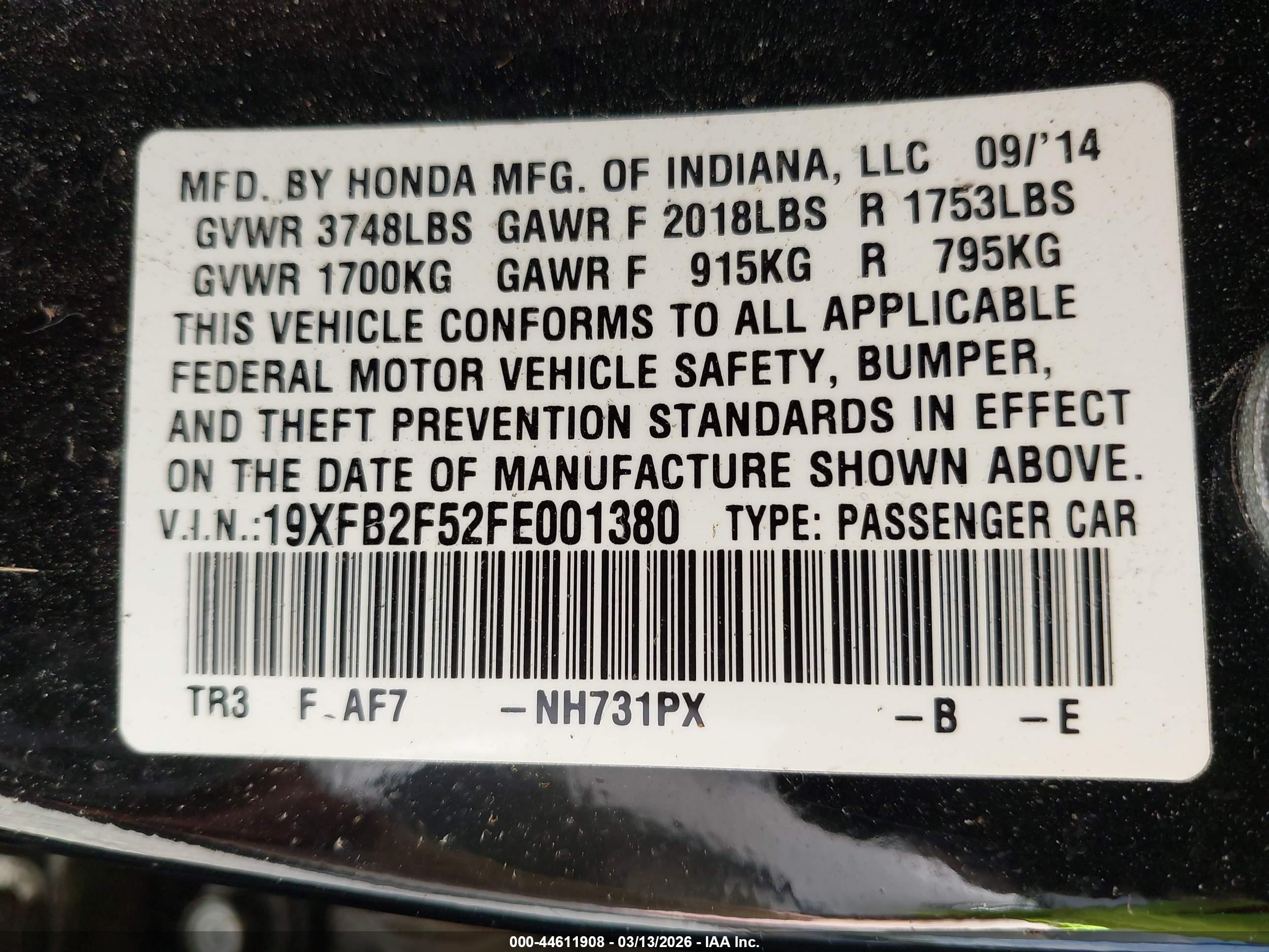 2015 Honda Civic Lx Черный vin: 19XFB2F52FE001380