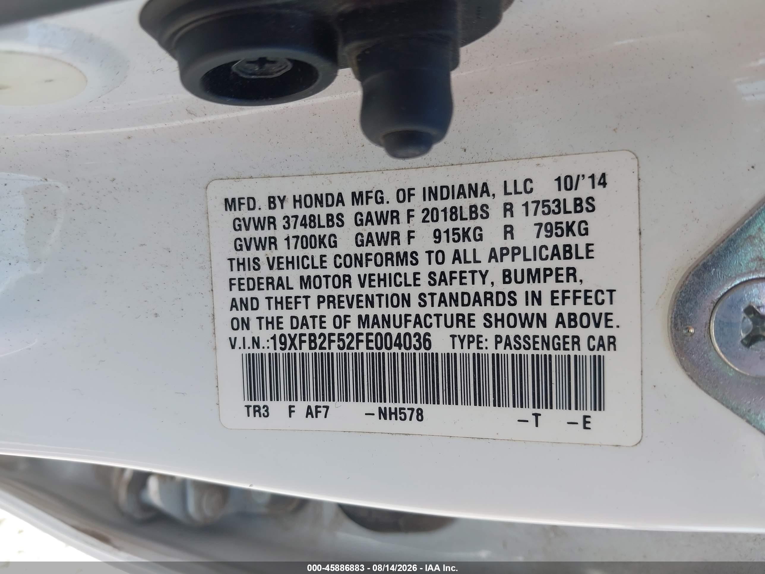 2015 Honda Civic Lx White vin: 19XFB2F52FE004036