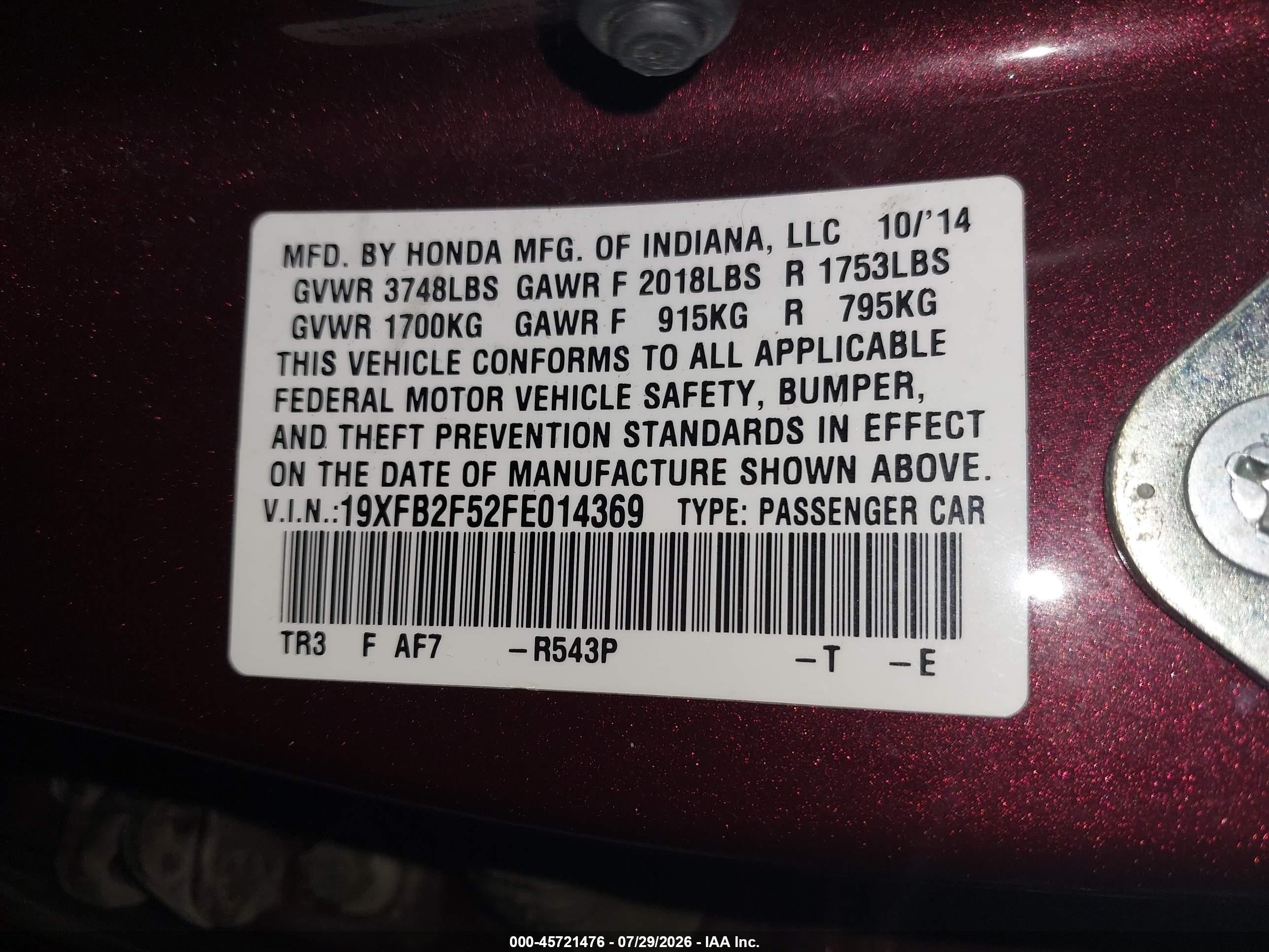 2015 Honda Civic Lx Maroon vin: 19XFB2F52FE014369