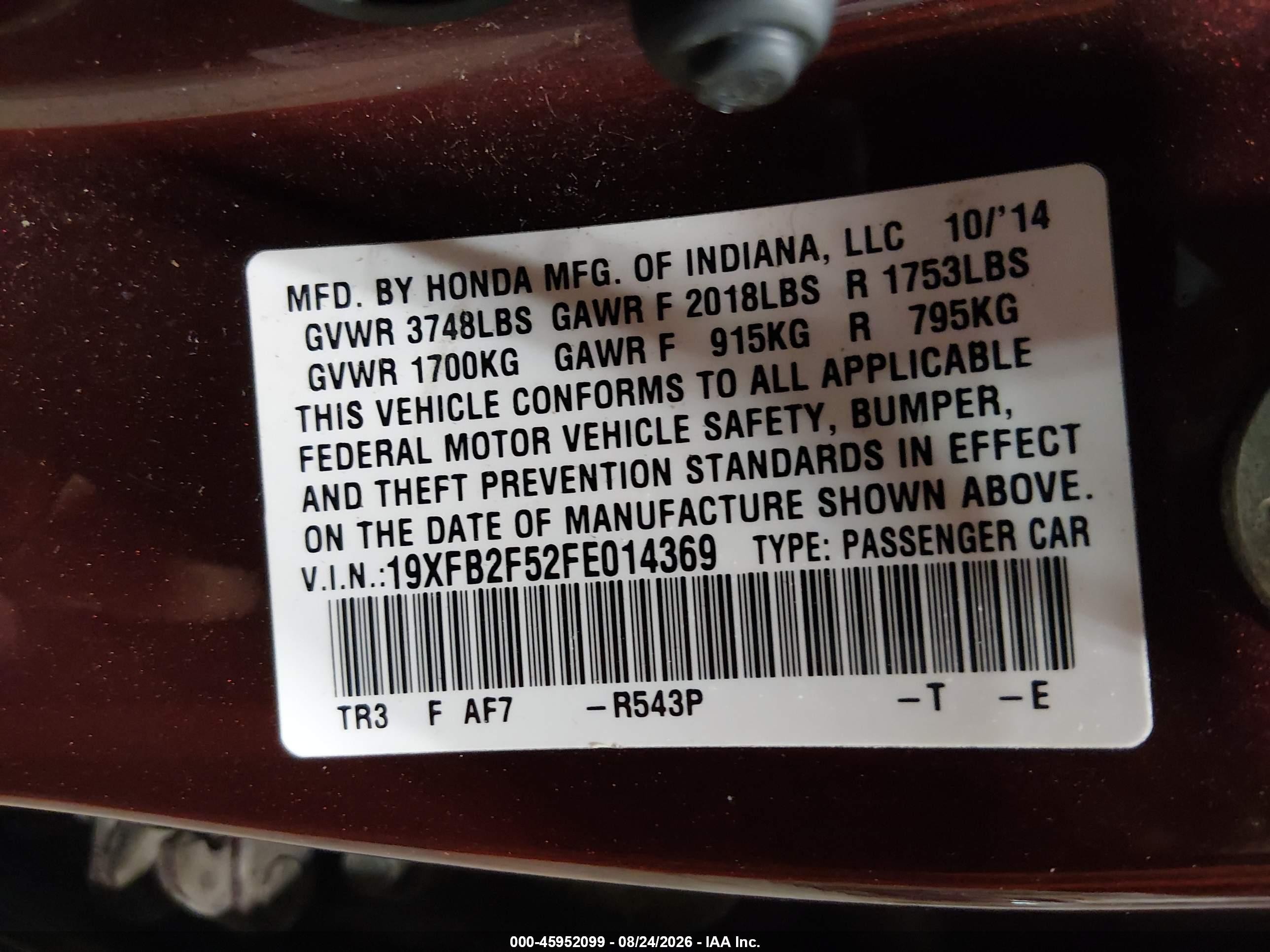 2015 Honda Civic Lx Maroon vin: 19XFB2F52FE014369
