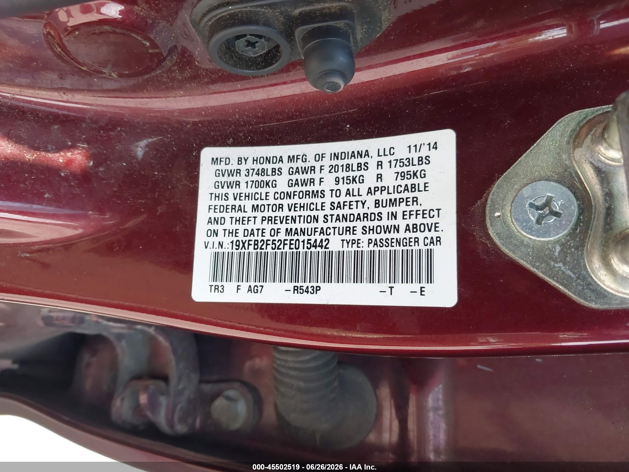 2015 Honda Civic Lx Burgundy vin: 19XFB2F52FE015442