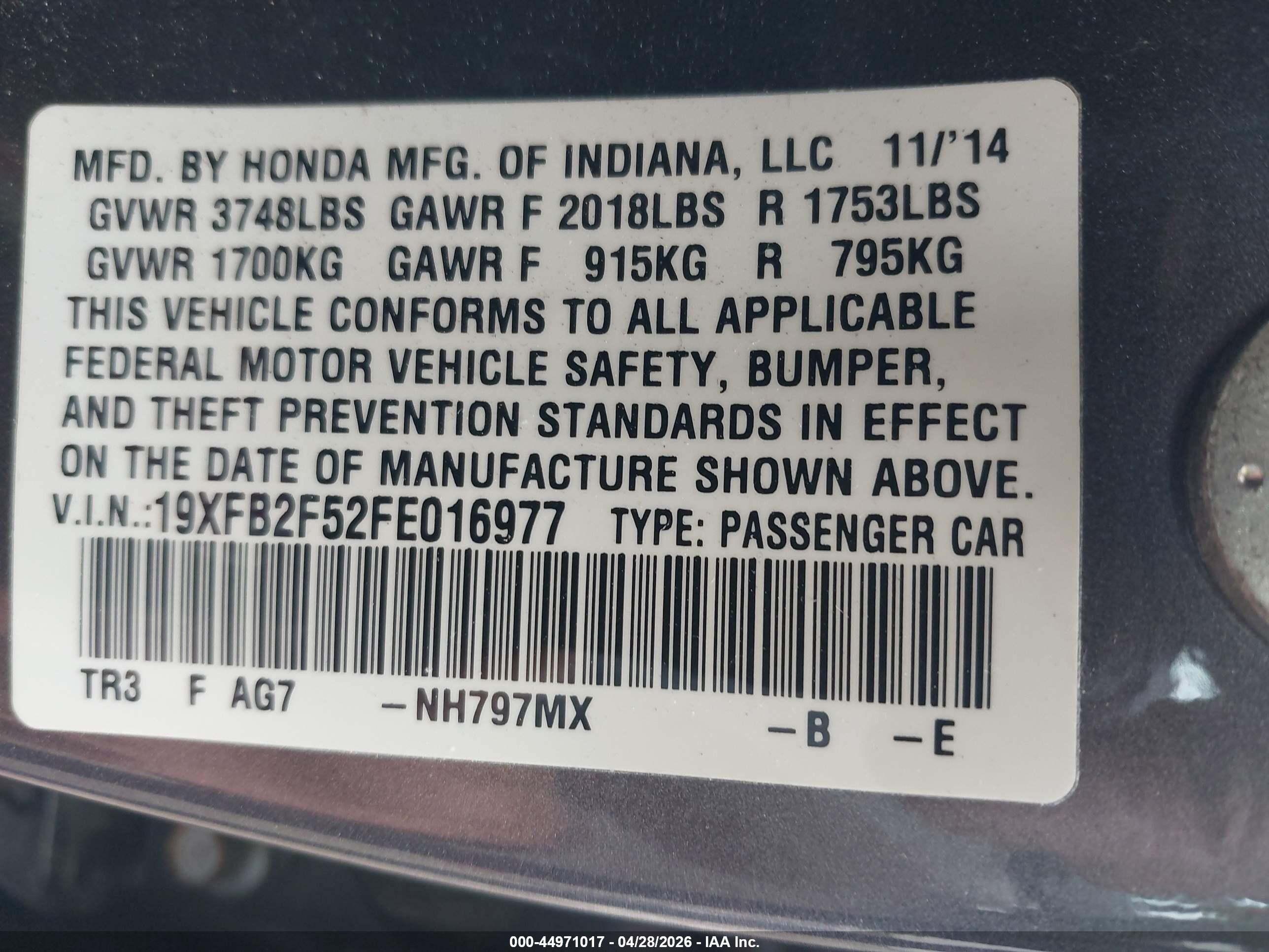 2015 Honda Civic Lx Gray vin: 19XFB2F52FE016977