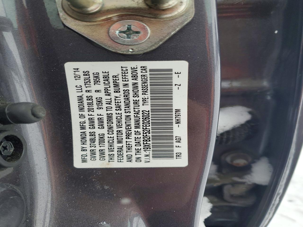 2015 Honda Civic Lx Gray vin: 19XFB2F52FE026022