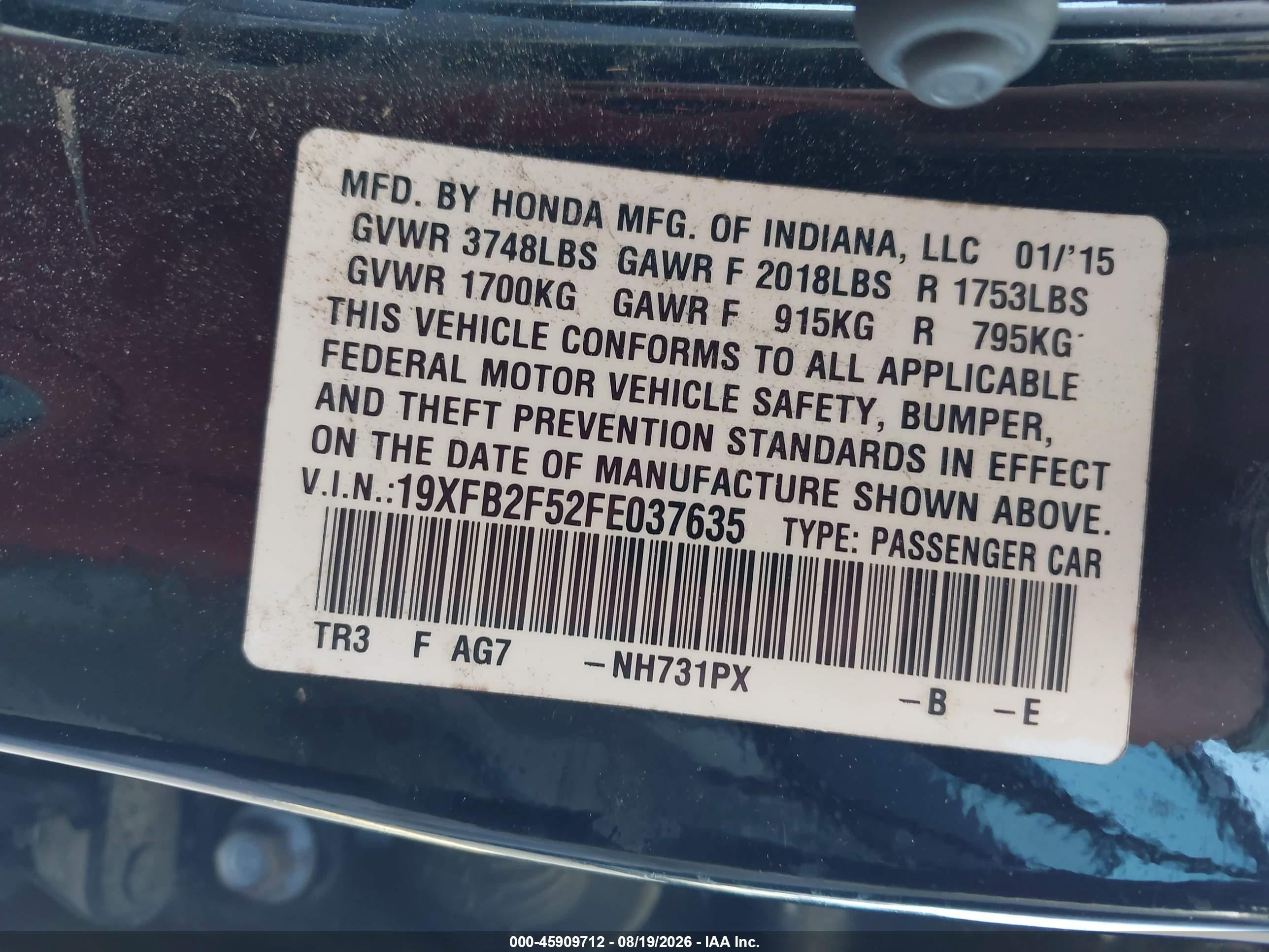 2015 Honda Civic Lx Black vin: 19XFB2F52FE037635