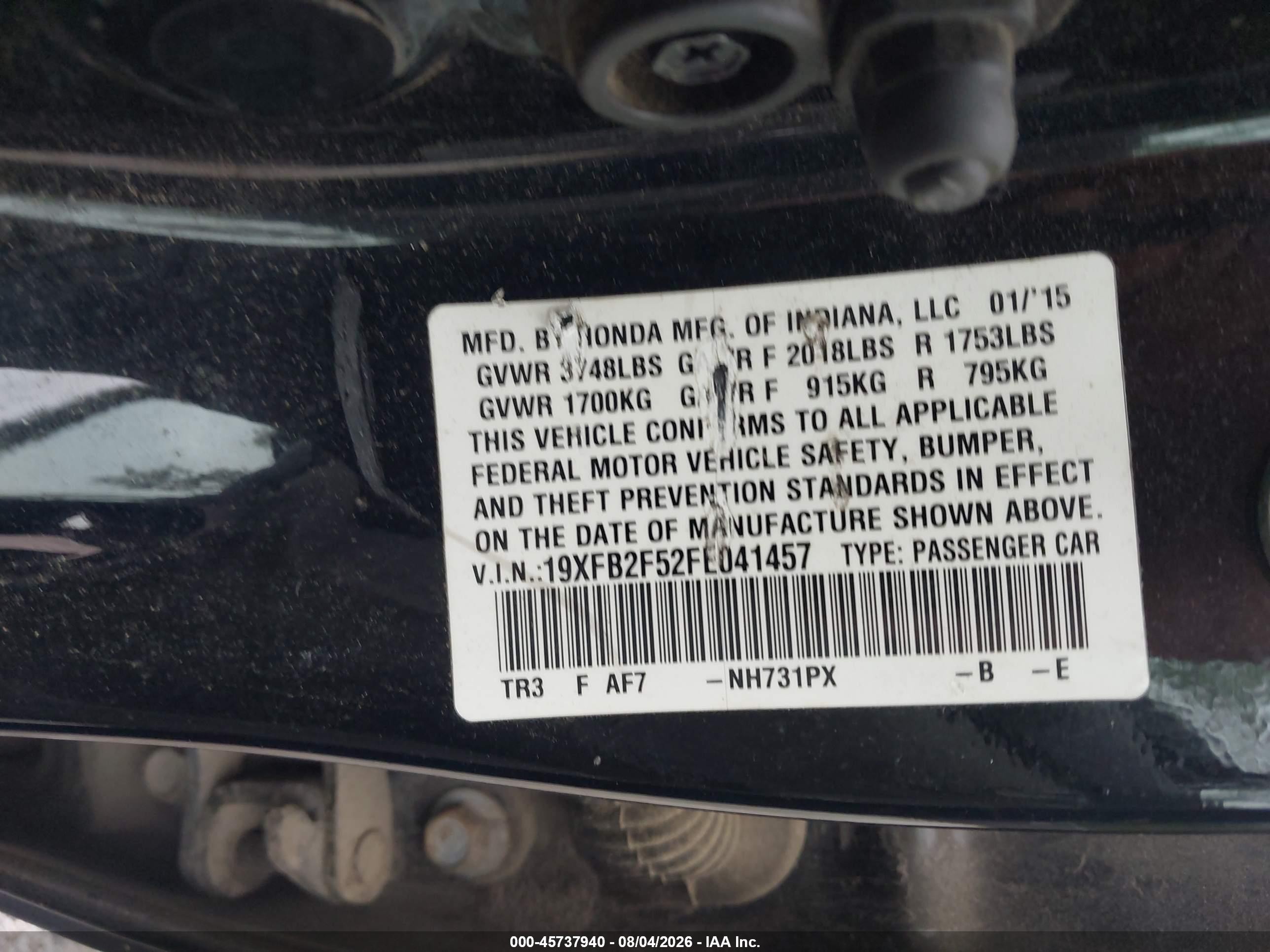 2015 Honda Civic Lx Black vin: 19XFB2F52FE041457