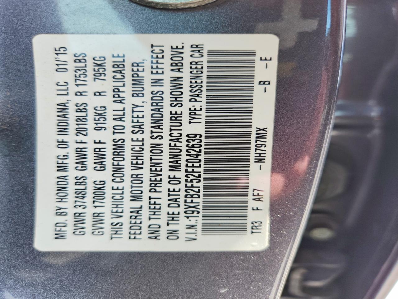 2015 Honda Civic Lx Gray vin: 19XFB2F52FE042639