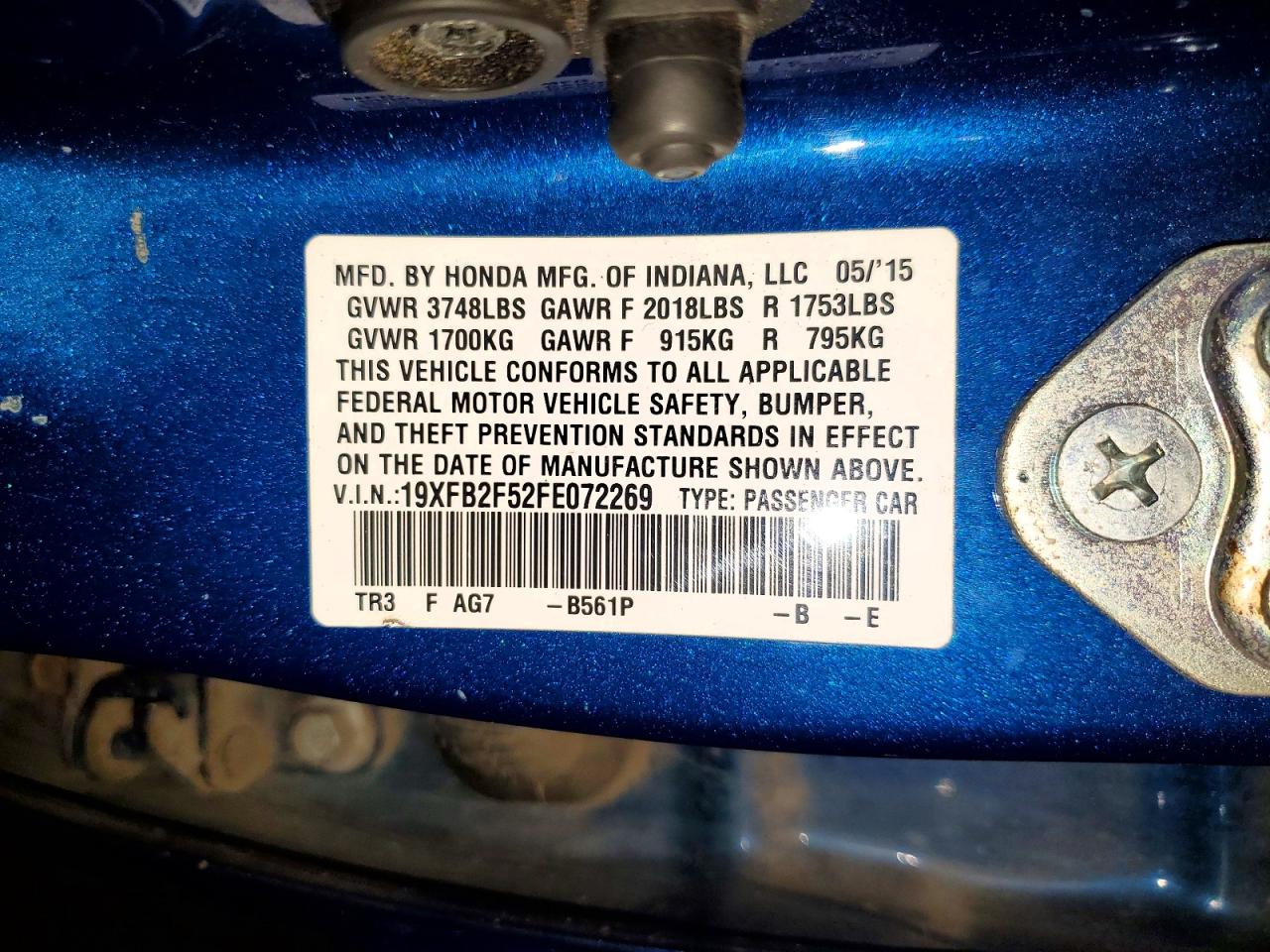 2015 Honda Civic Lx Blue vin: 19XFB2F52FE072269