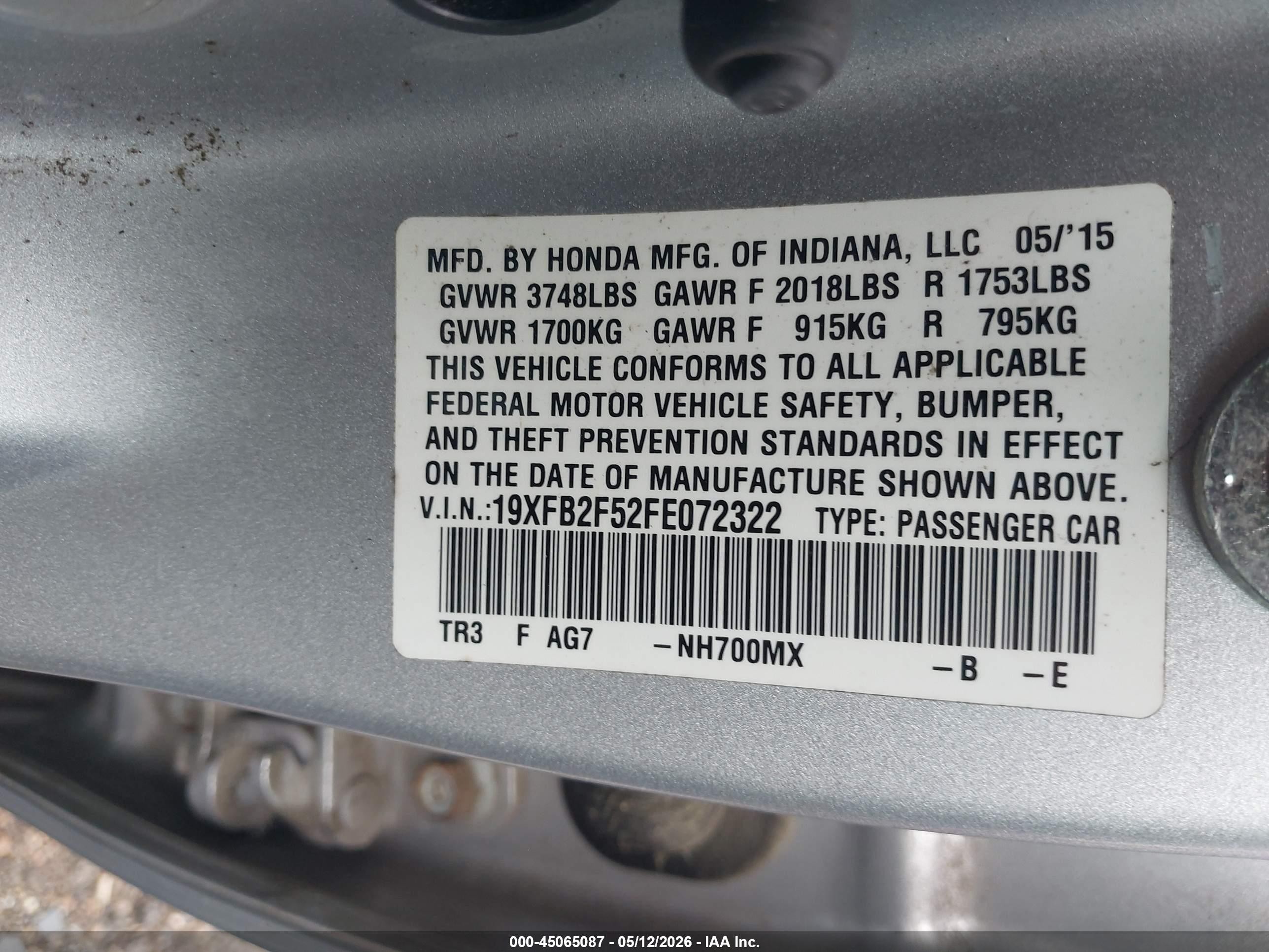 2015 Honda Civic Lx Silver vin: 19XFB2F52FE072322