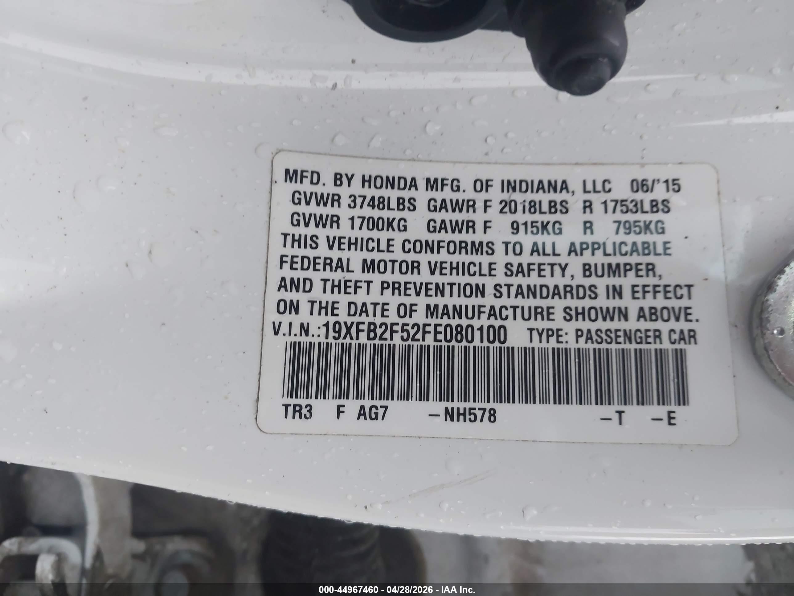 2015 Honda Civic Lx White vin: 19XFB2F52FE080100