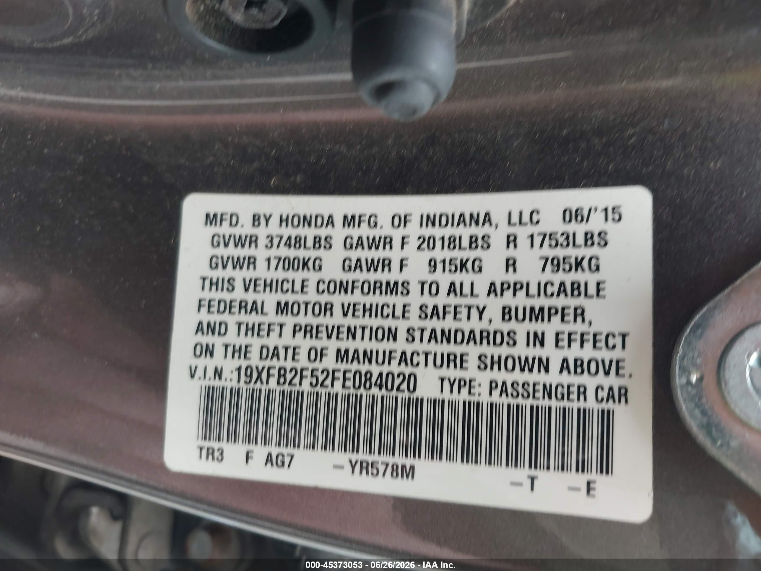 2015 Honda Civic Lx Gray vin: 19XFB2F52FE084020
