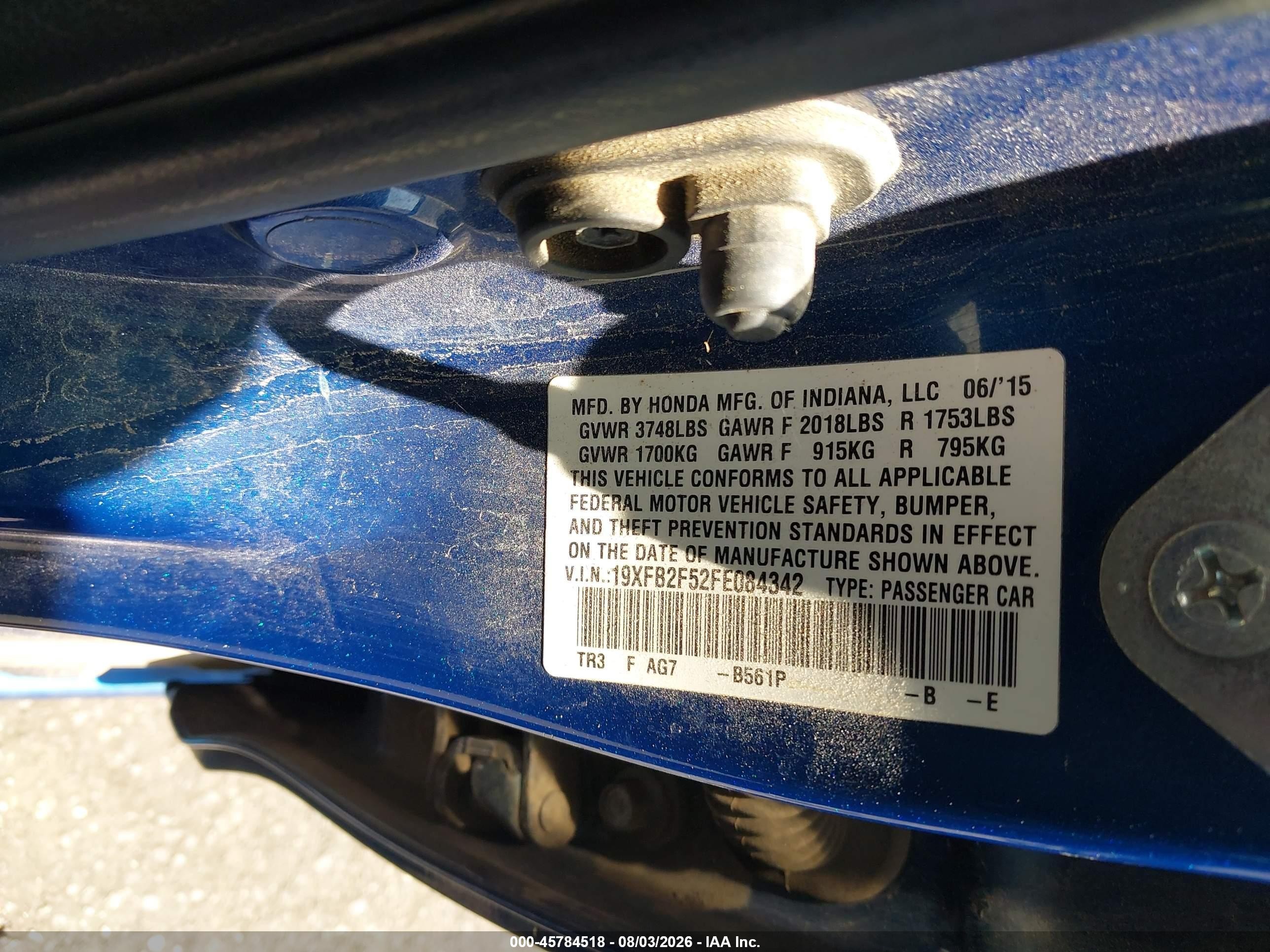 2015 Honda Civic Lx Синий vin: 19XFB2F52FE084342
