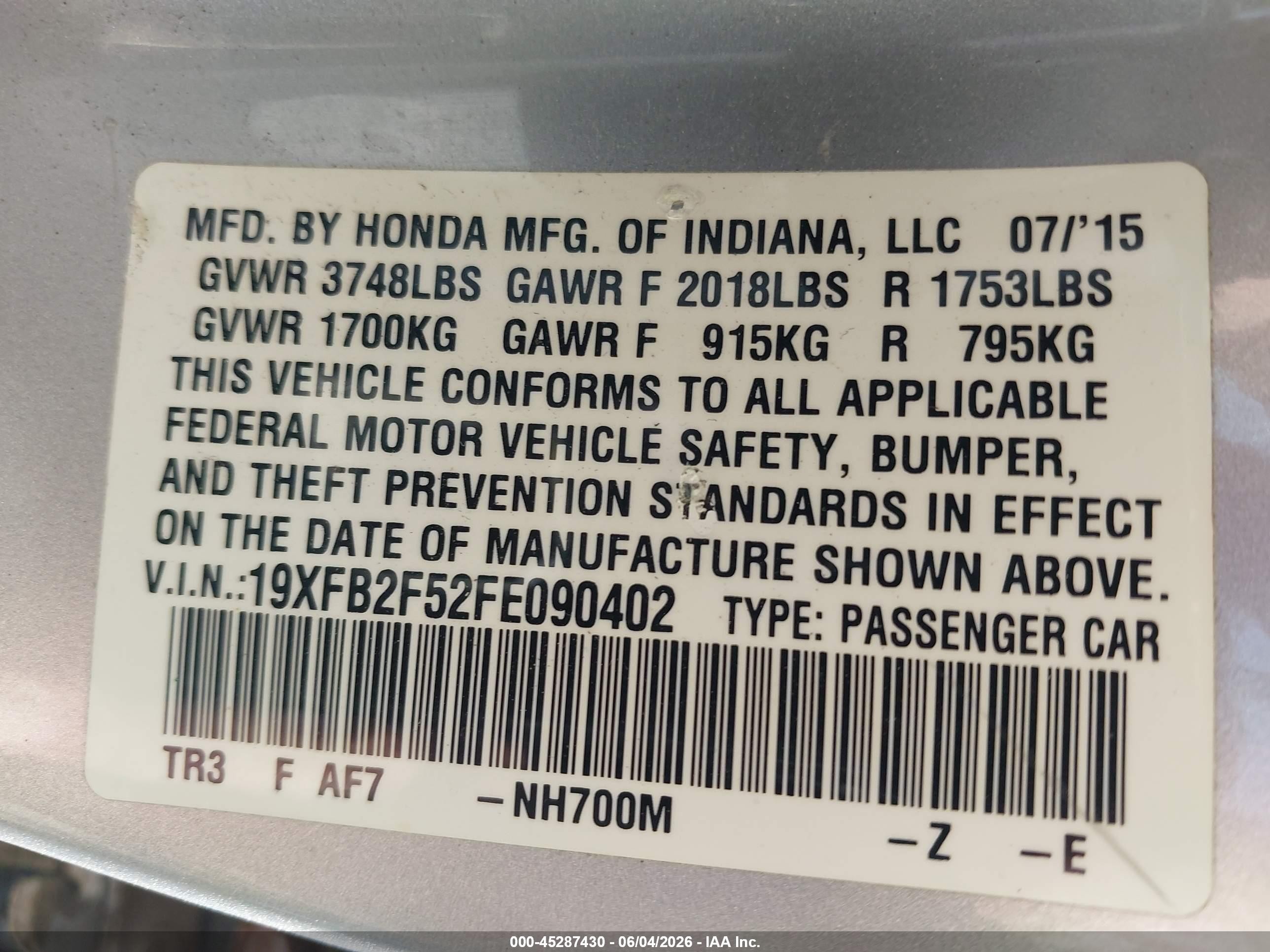 2015 Honda Civic Lx Gray vin: 19XFB2F52FE090402