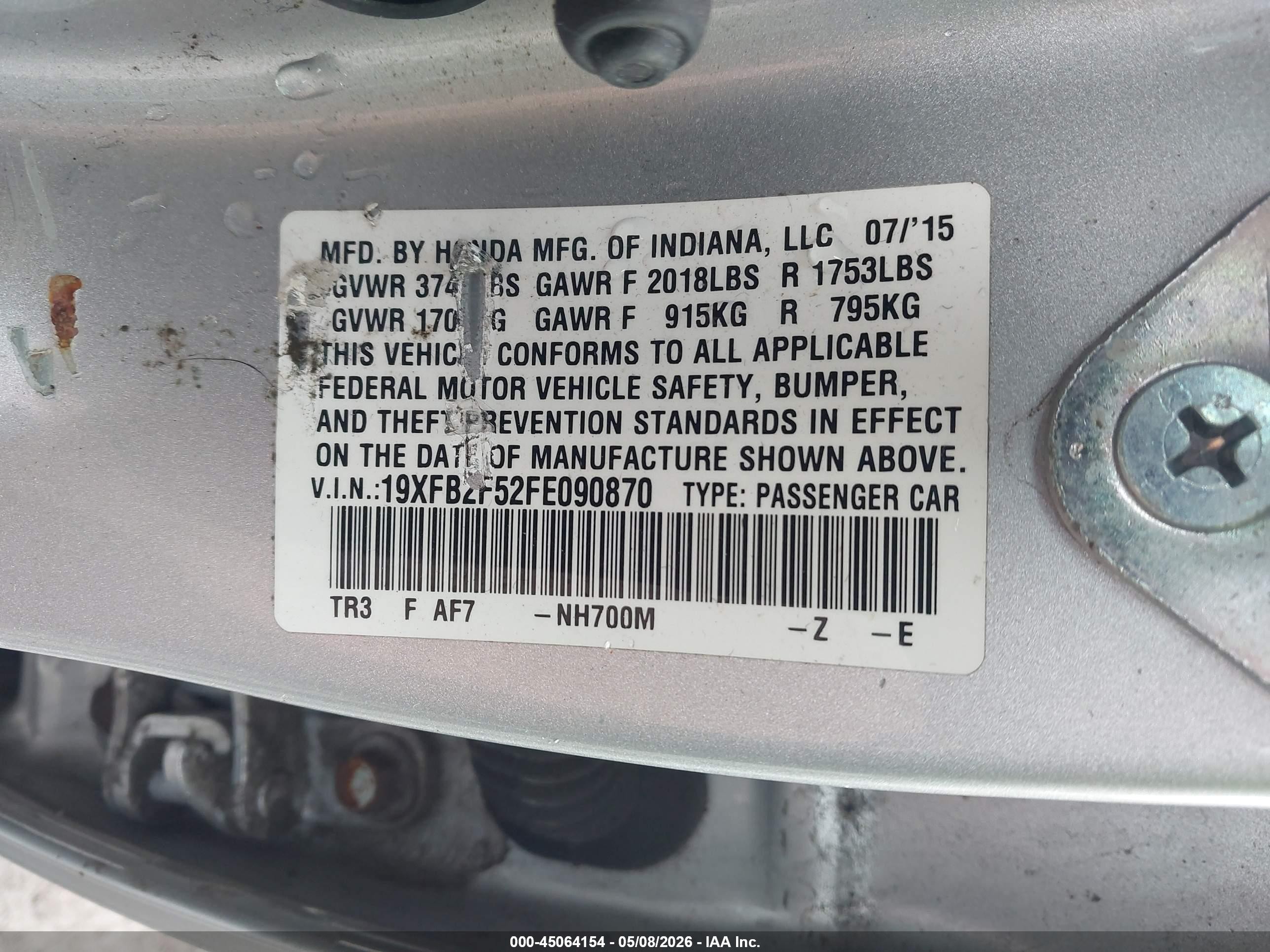 2015 Honda Civic Lx Gray vin: 19XFB2F52FE090870