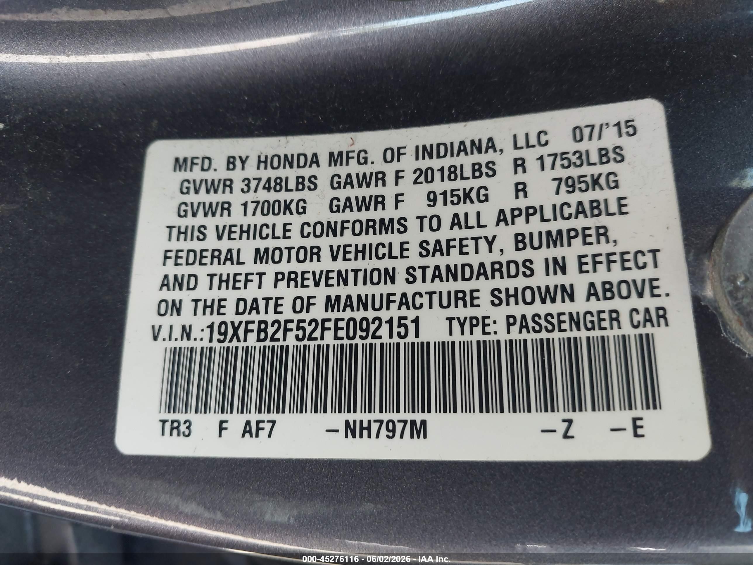 2015 Honda Civic Lx Gray vin: 19XFB2F52FE092151