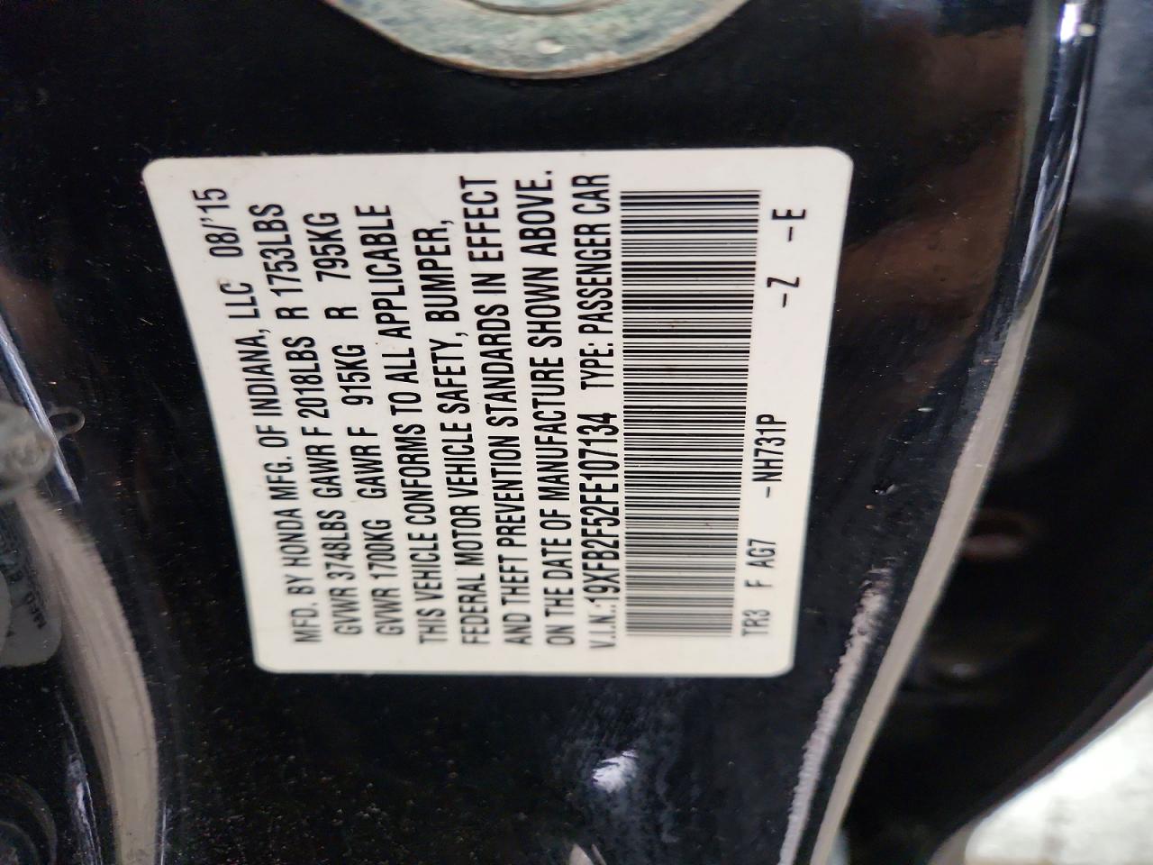 2015 Honda Civic Lx Black vin: 19XFB2F52FE107134