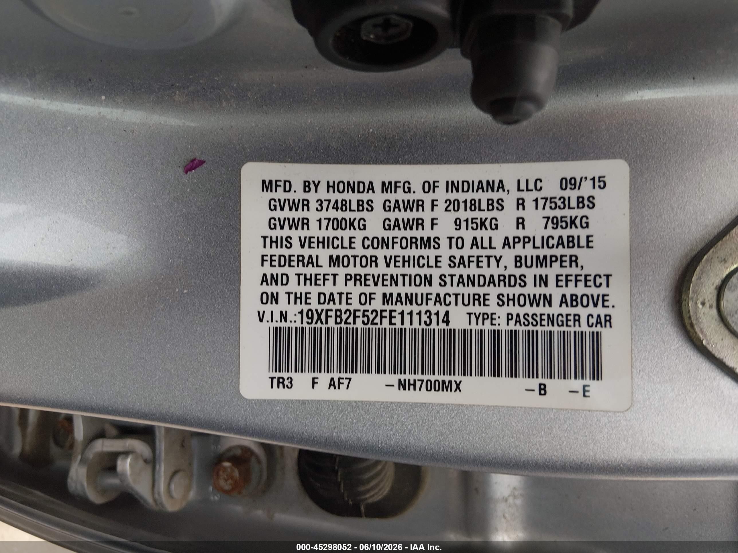 2015 Honda Civic Lx Серебряный vin: 19XFB2F52FE111314