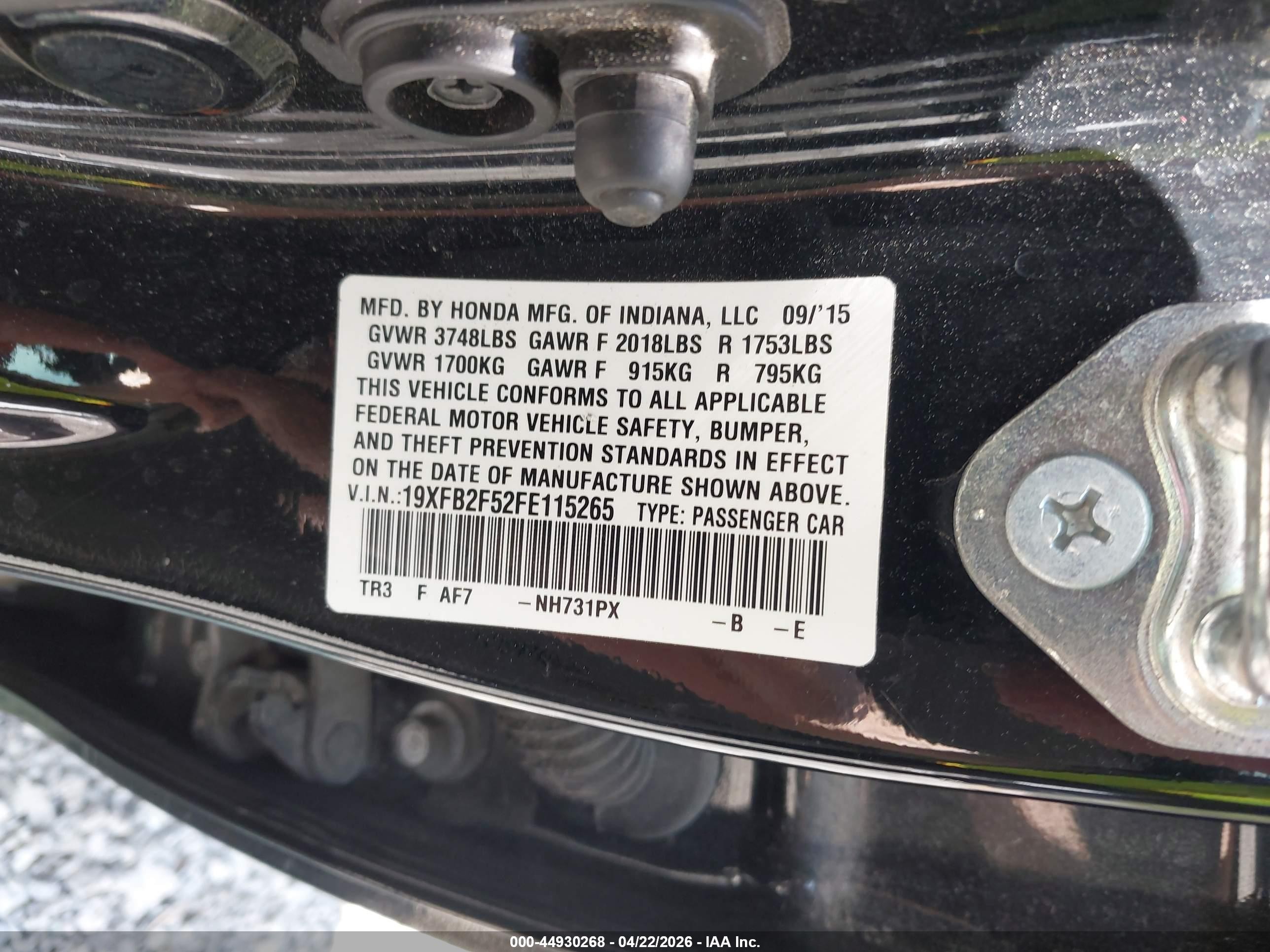 2015 Honda Civic Lx Black vin: 19XFB2F52FE115265