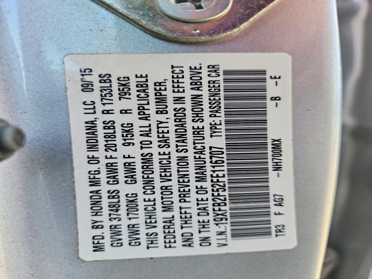 2015 Honda Civic Lx Silver vin: 19XFB2F52FE116707