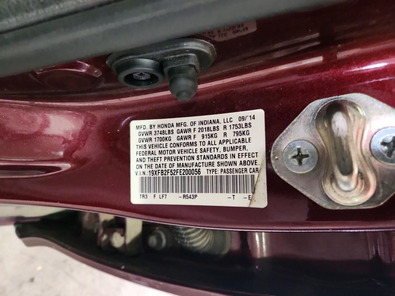 2015 Honda Civic Lx Темно-бордовый vin: 19XFB2F52FE200056