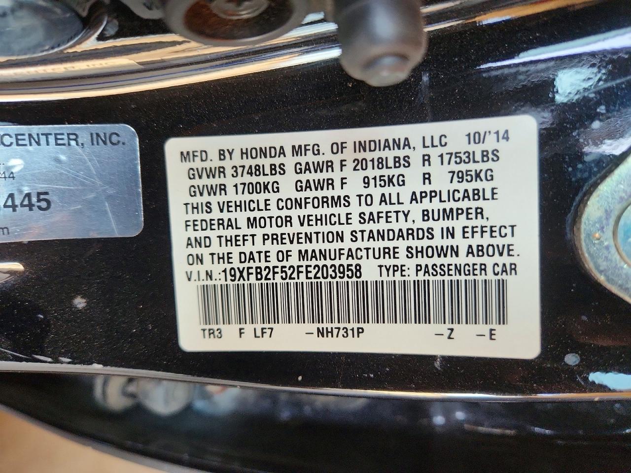 2015 Honda Civic Lx Черный vin: 19XFB2F52FE203958