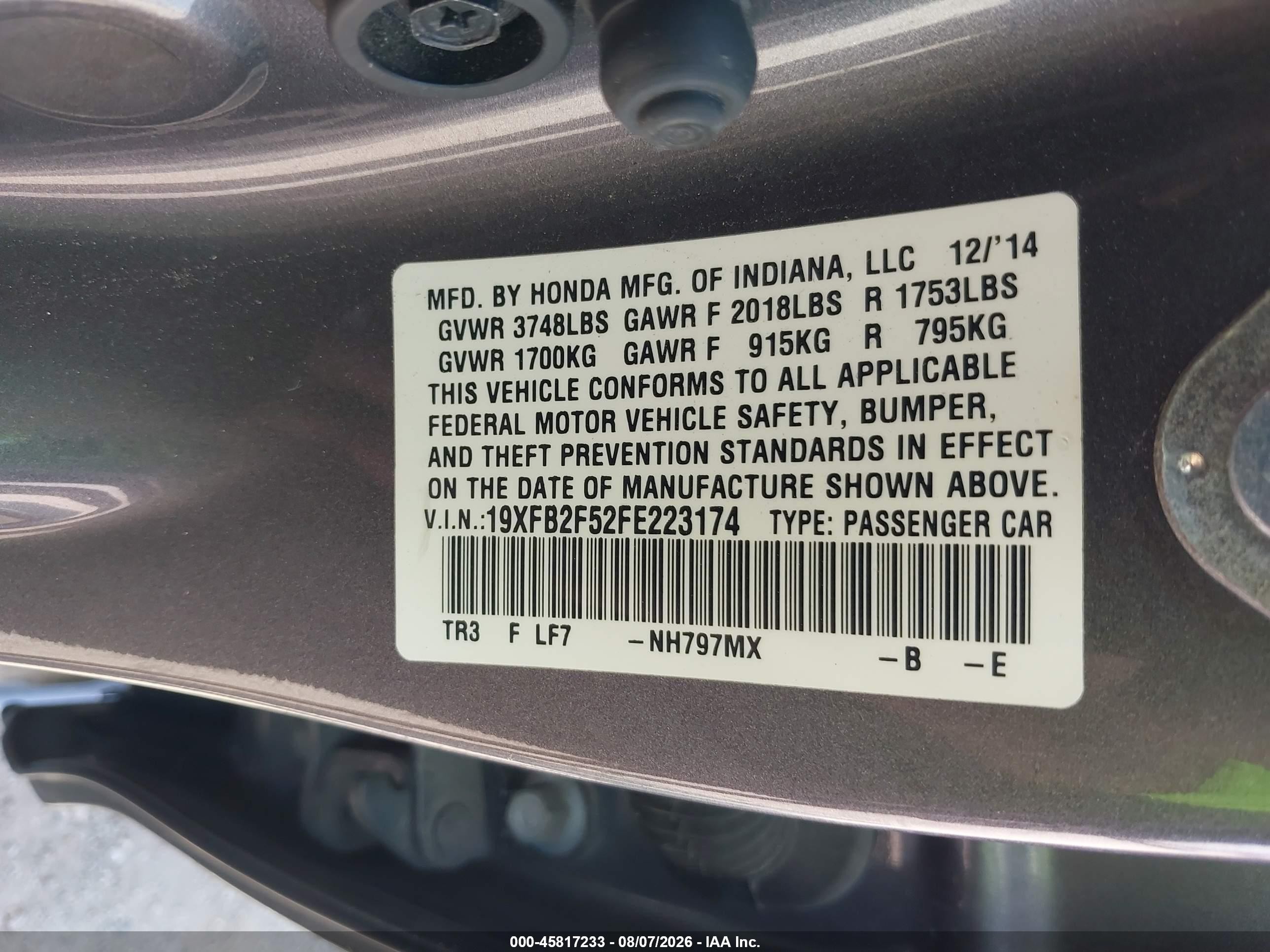 2015 Honda Civic Lx Gray vin: 19XFB2F52FE223174