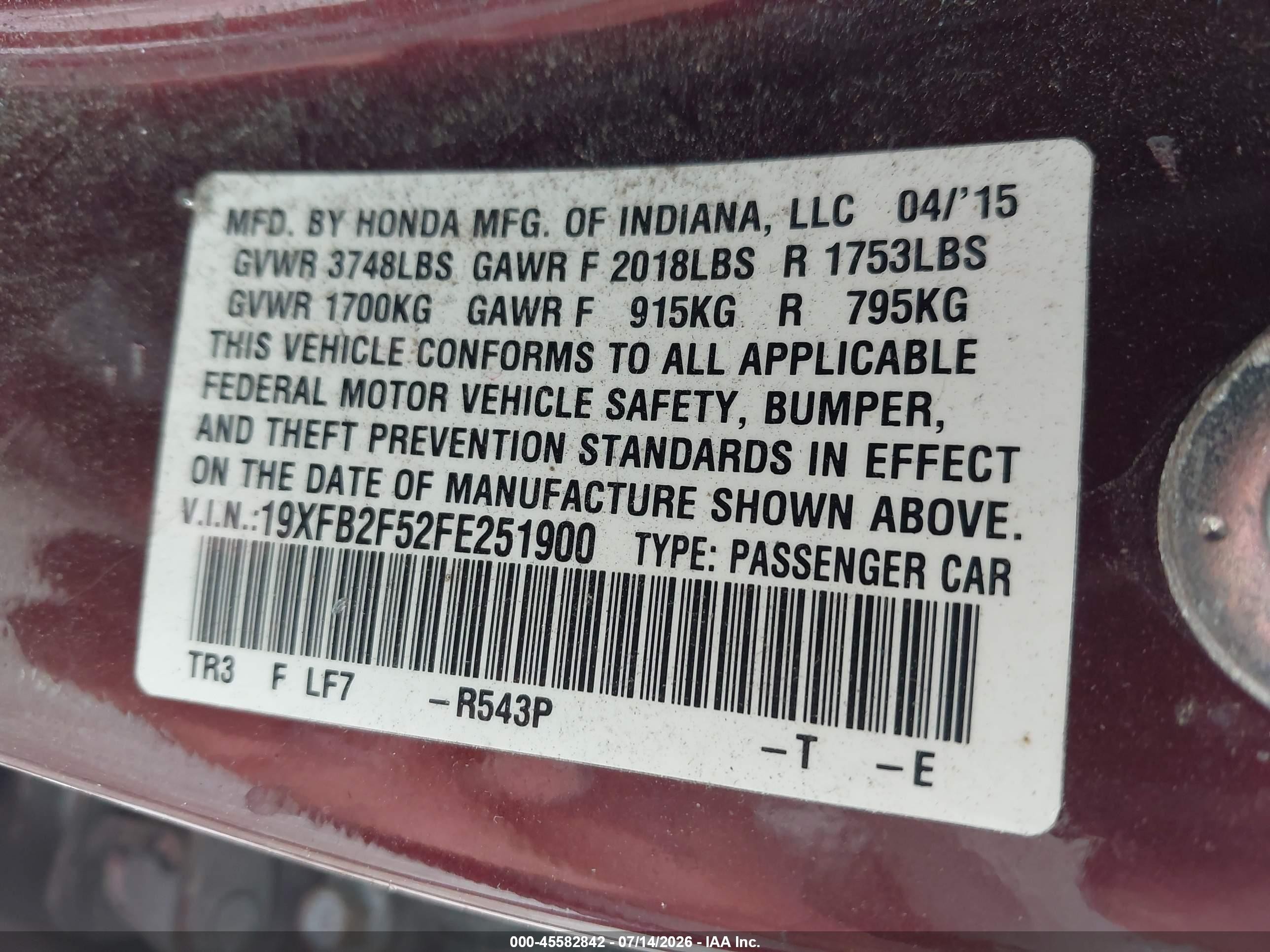 2015 Honda Civic Lx Red vin: 19XFB2F52FE251900