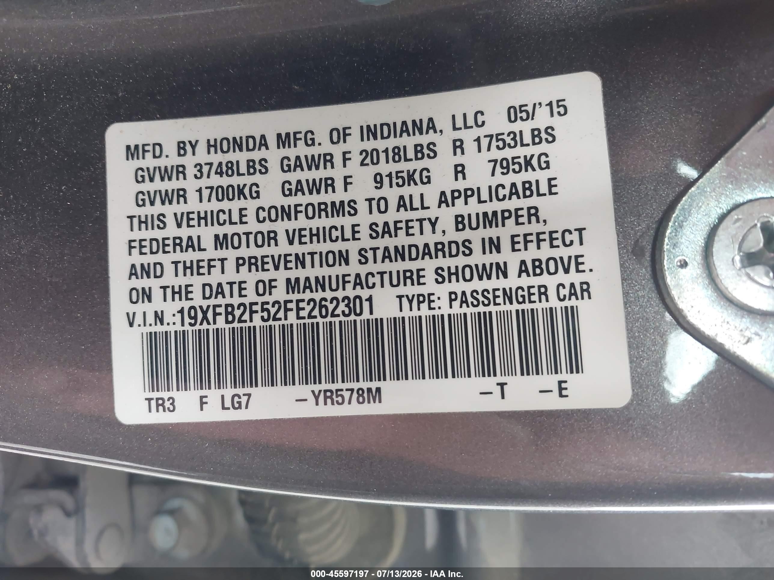 2015 Honda Civic Lx Gray vin: 19XFB2F52FE262301