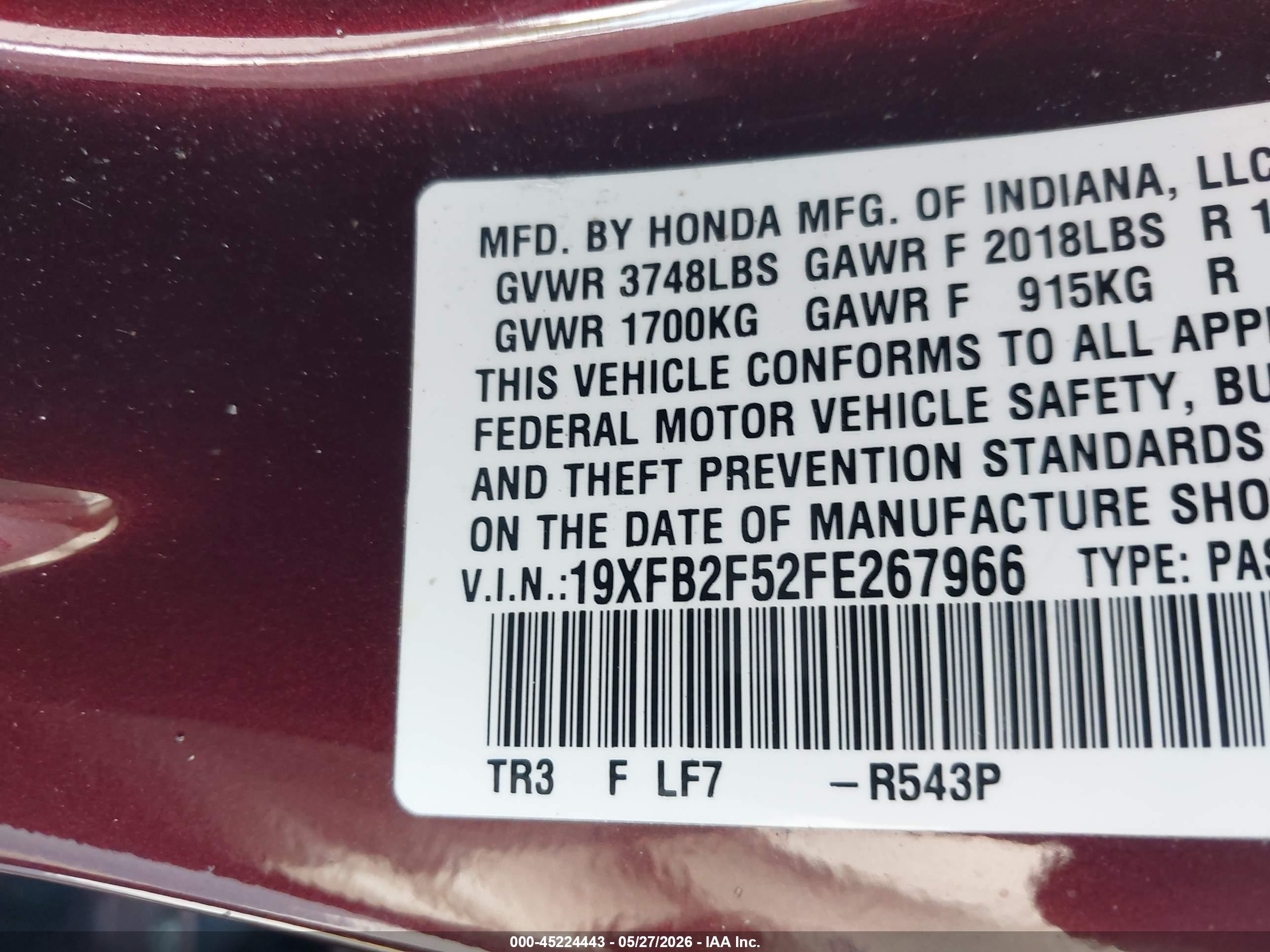 2015 Honda Civic Lx Темно-бордовый vin: 19XFB2F52FE267966
