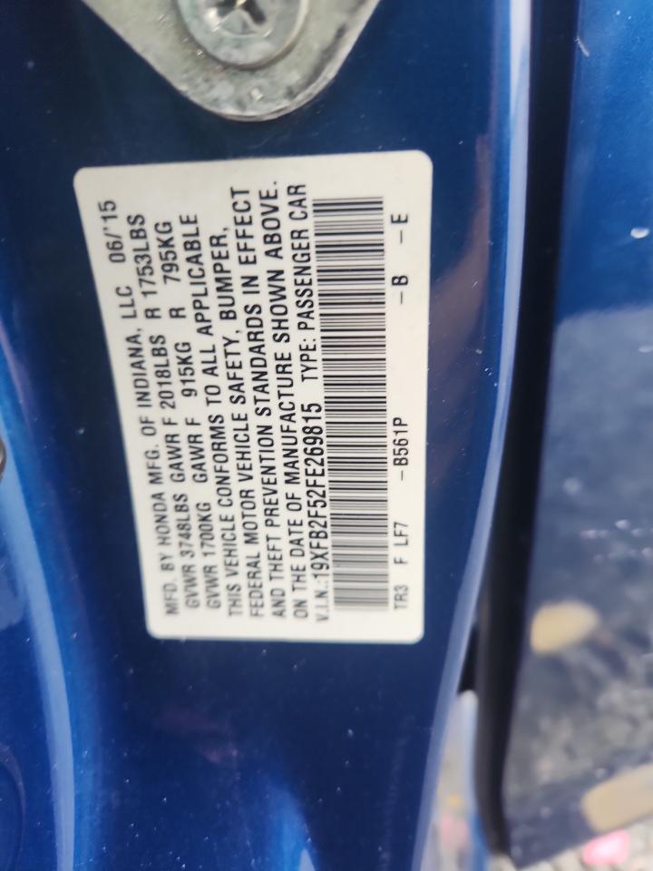 2015 Honda Civic Lx Blue vin: 19XFB2F52FE269815