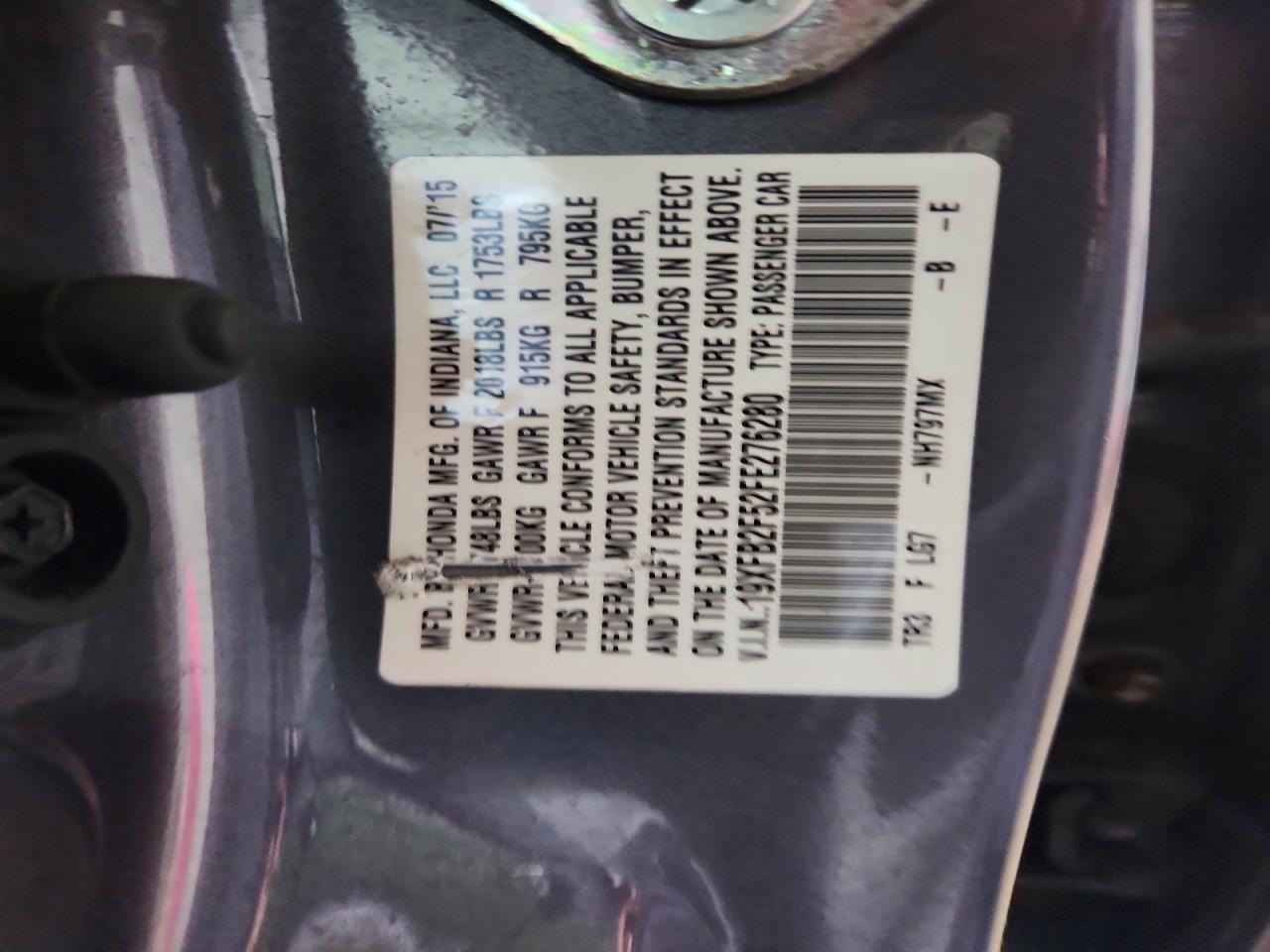 2015 Honda Civic Lx Gray vin: 19XFB2F52FE276280