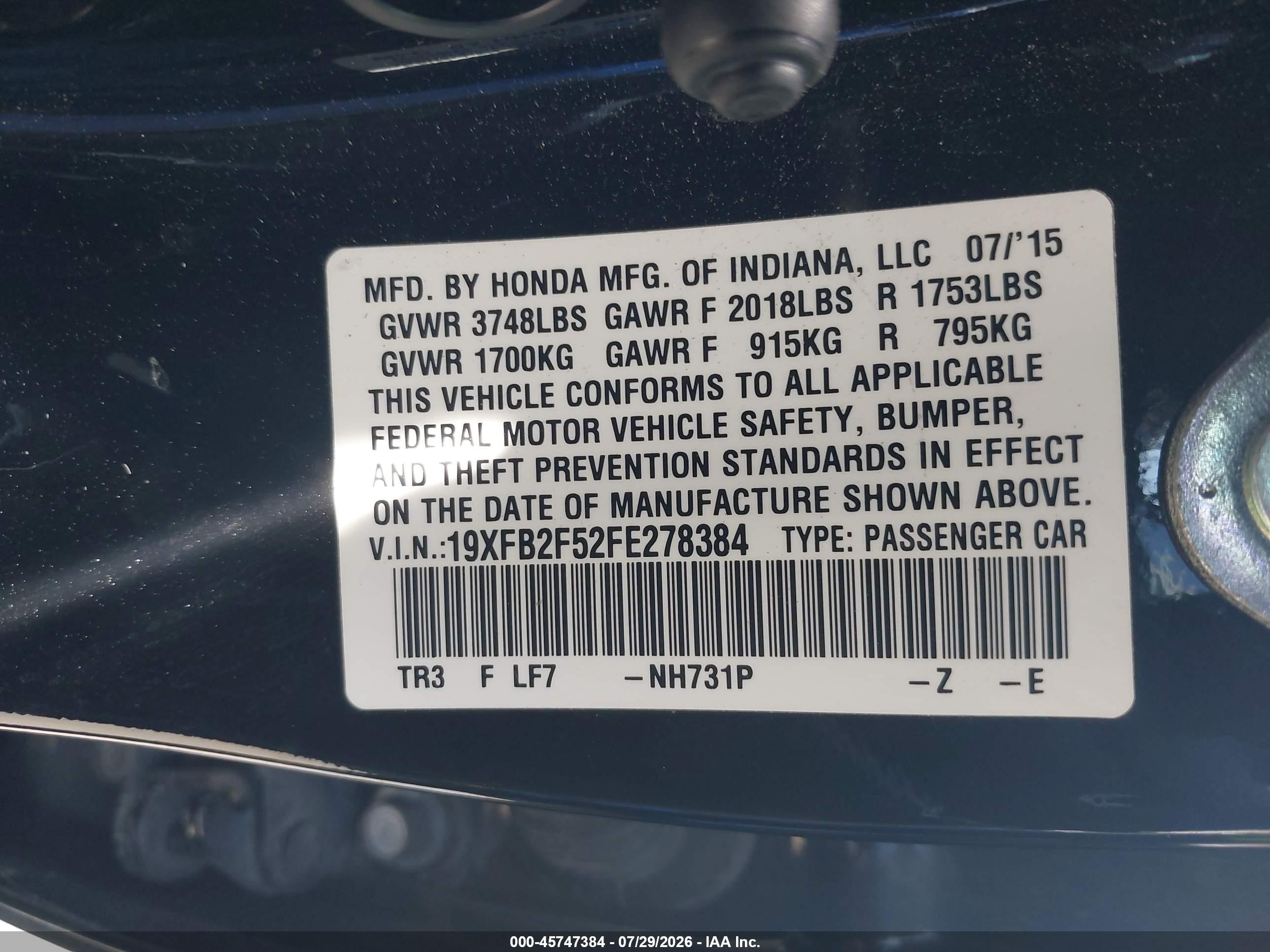 2015 Honda Civic Lx Black vin: 19XFB2F52FE278384