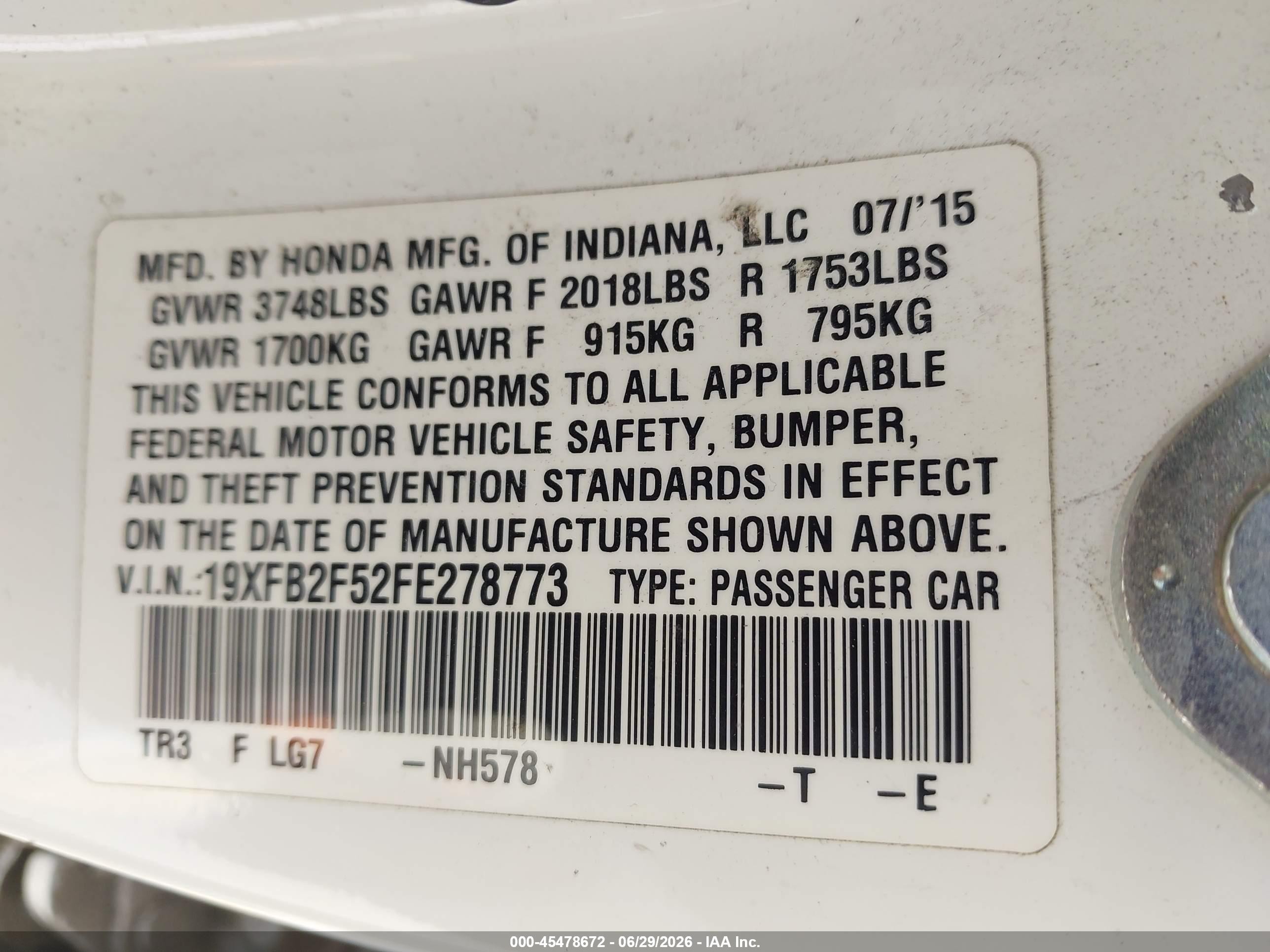 2015 Honda Civic Lx White vin: 19XFB2F52FE278773