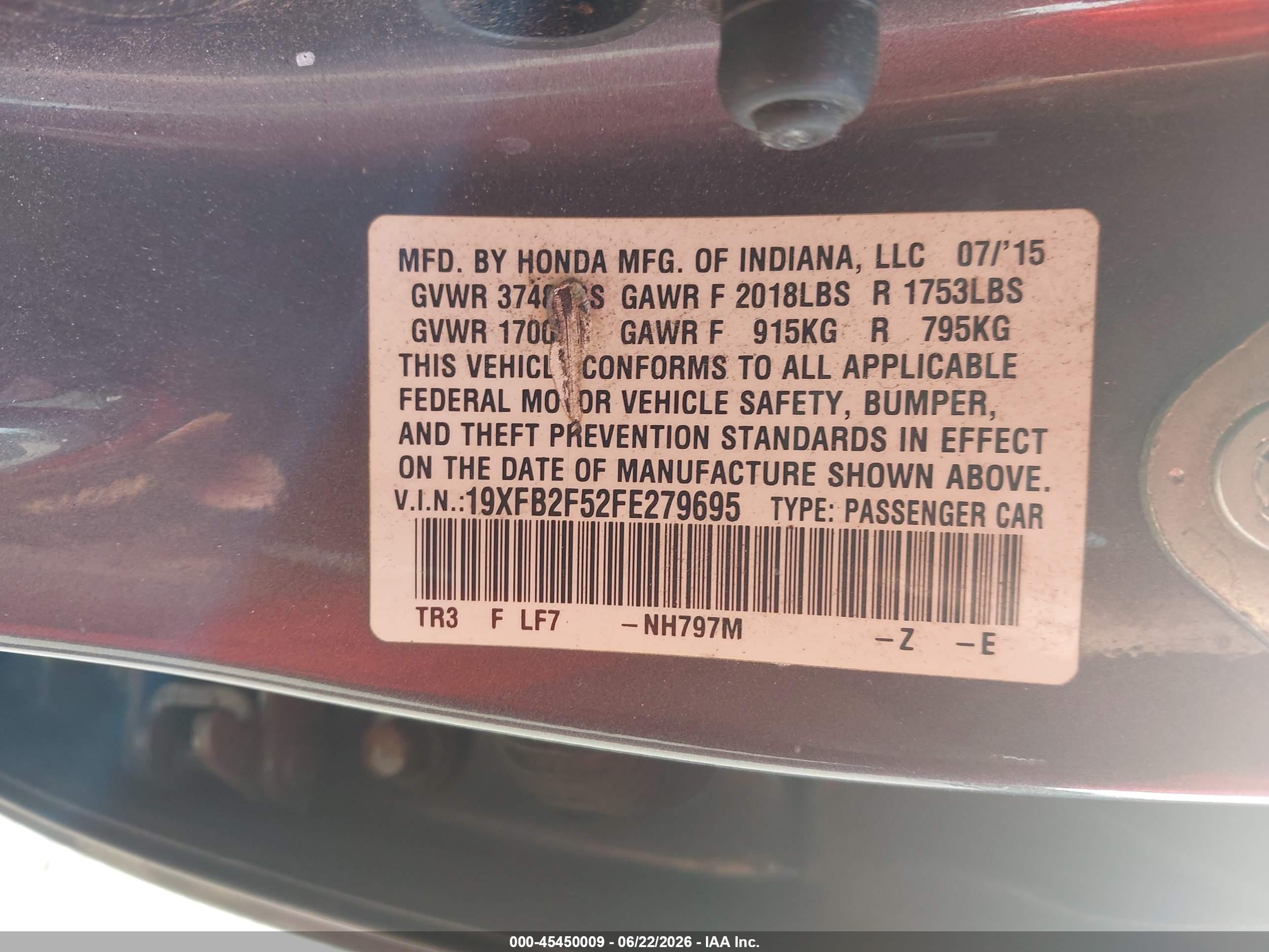2015 Honda Civic Lx Gray vin: 19XFB2F52FE279695