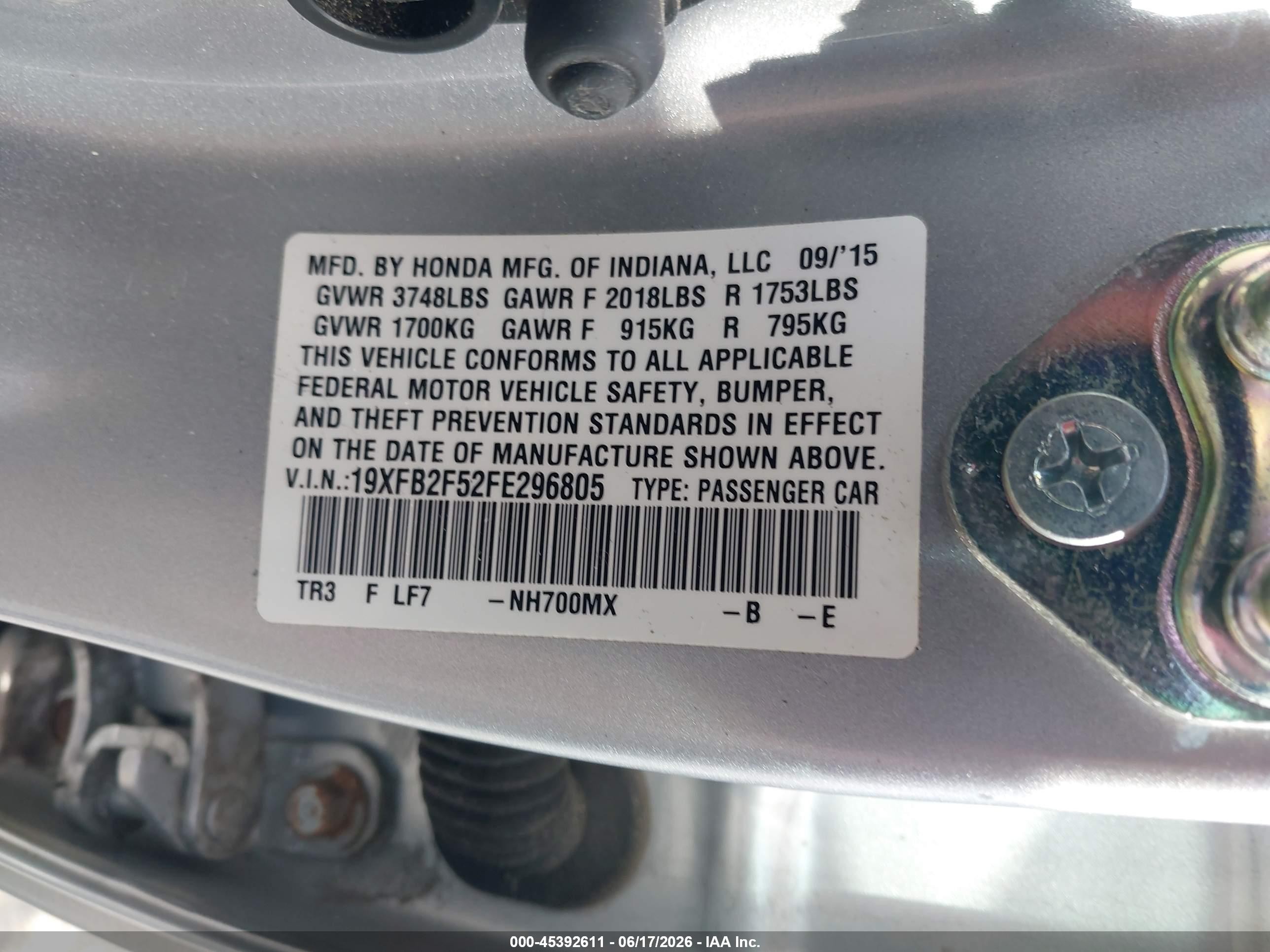 2015 Honda Civic Lx Silver vin: 19XFB2F52FE296805