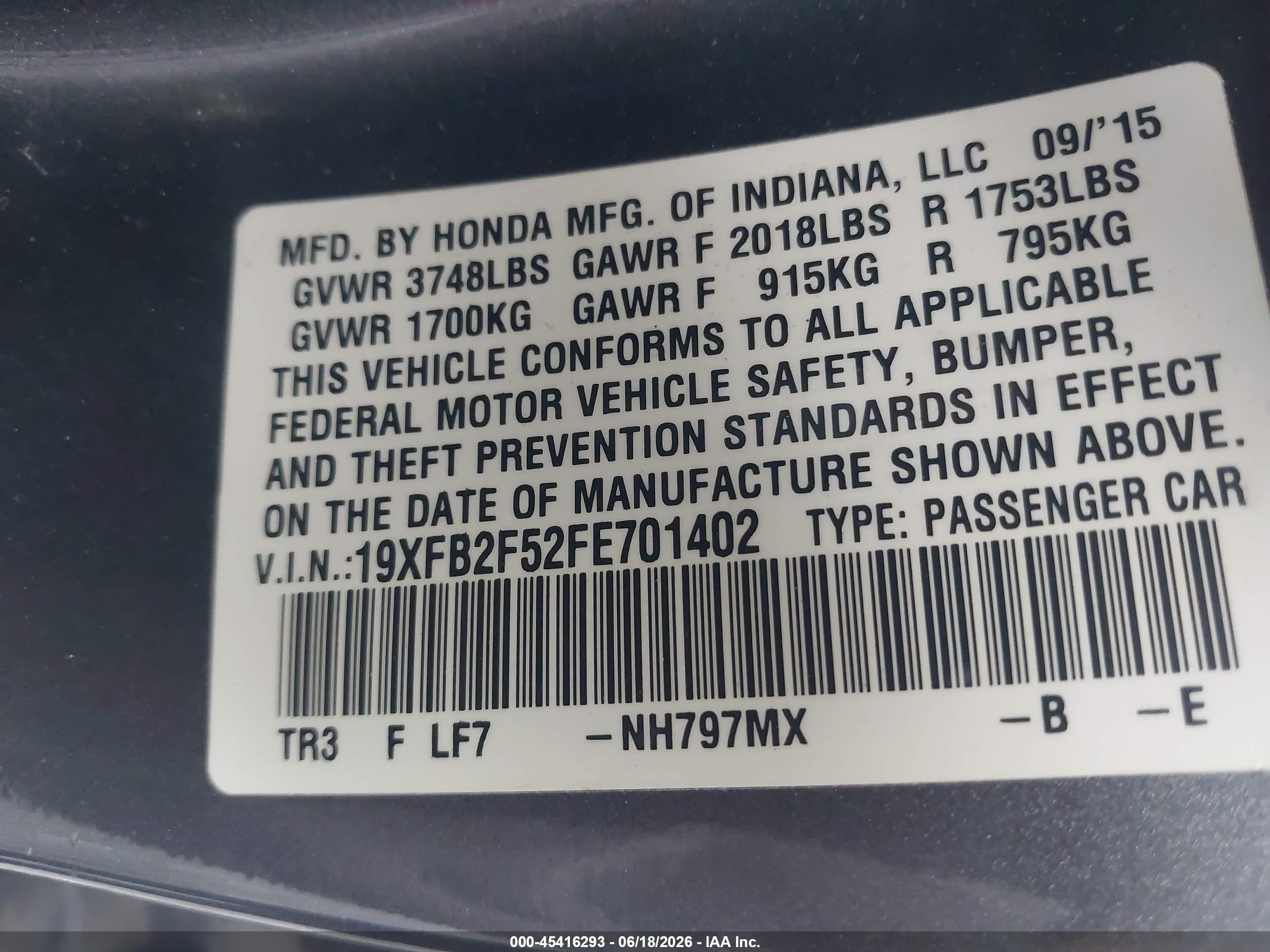 2015 Honda Civic Lx Gray vin: 19XFB2F52FE701402