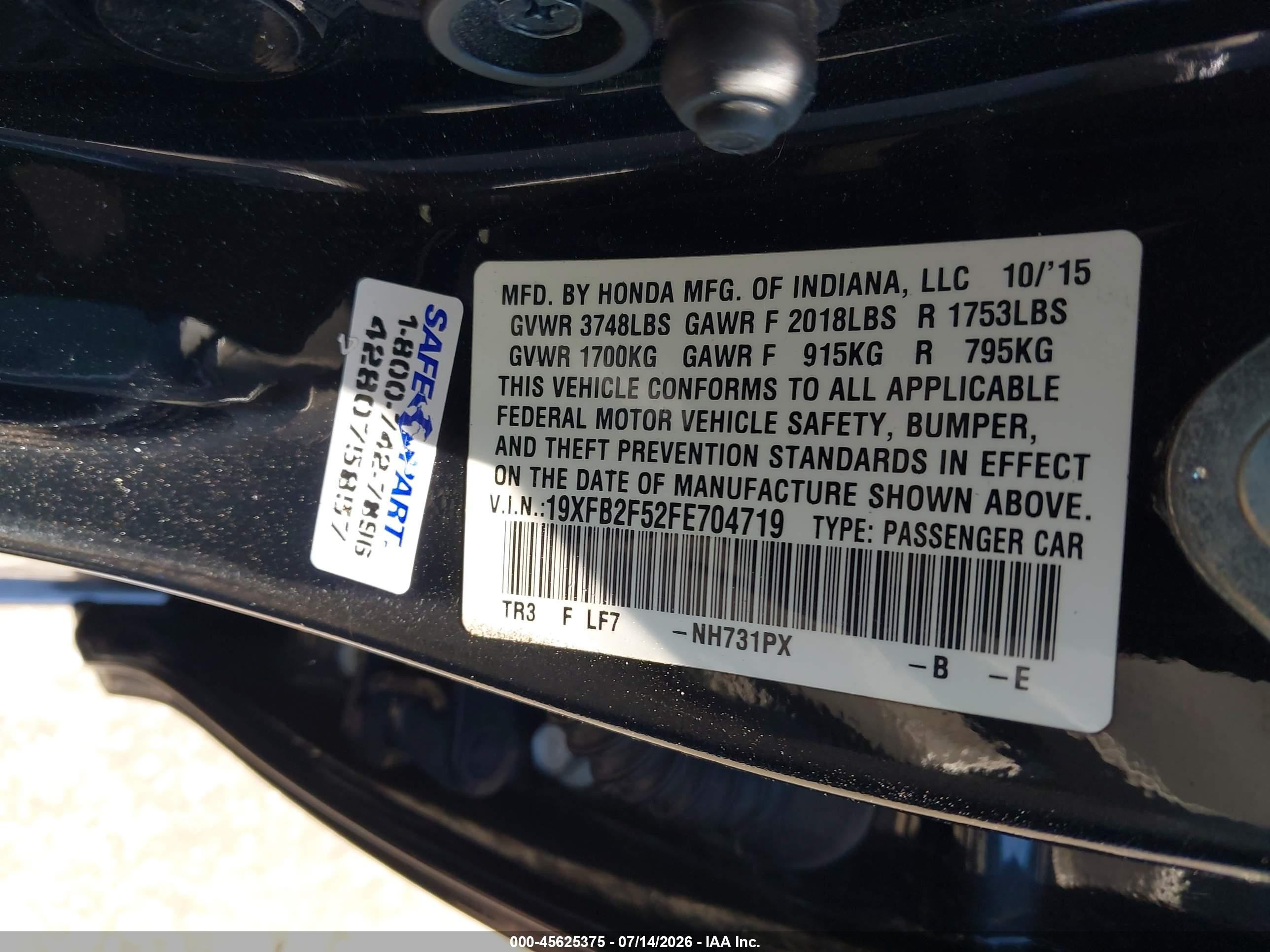 2015 Honda Civic Lx Black vin: 19XFB2F52FE704719