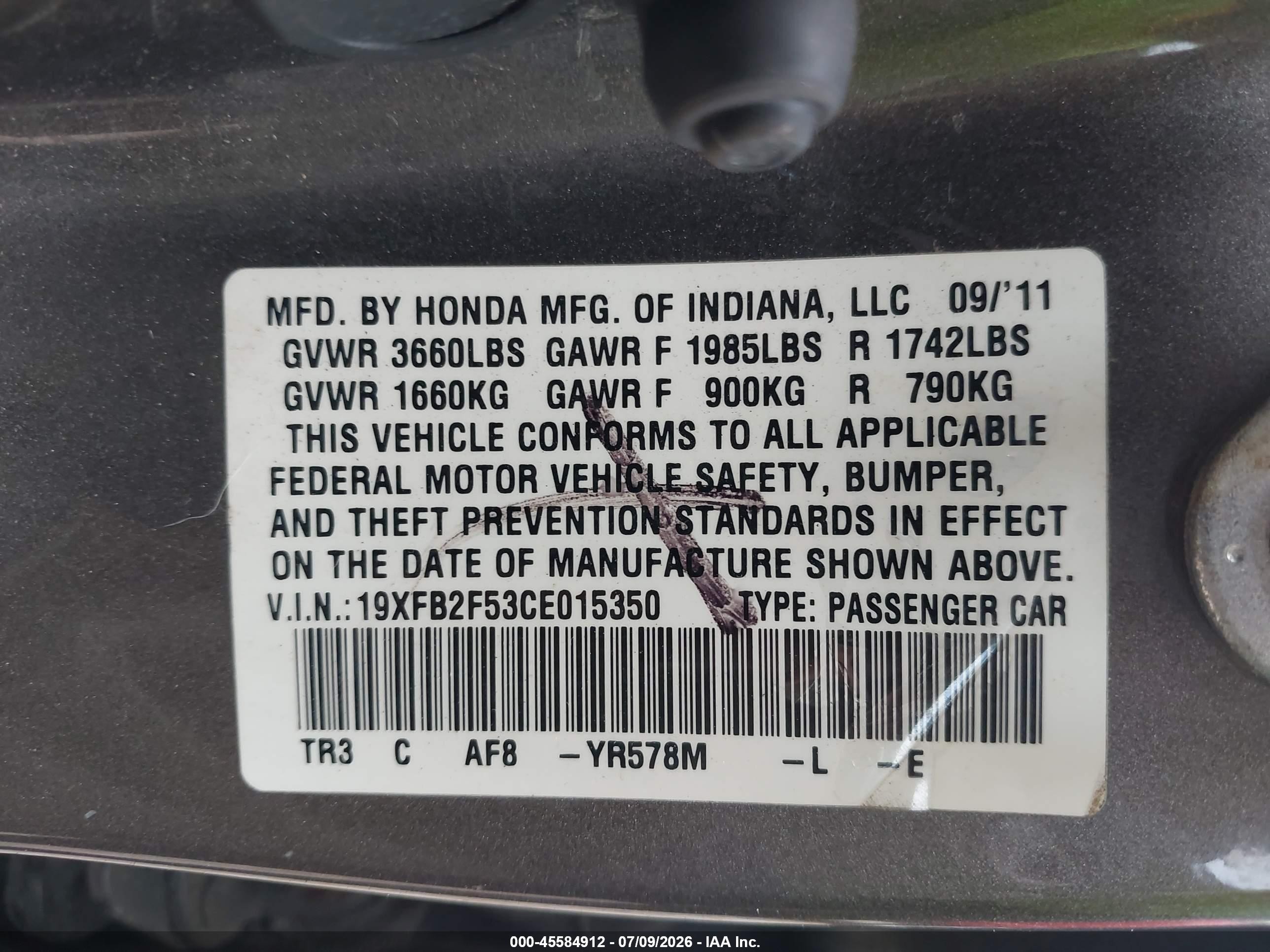 2012 Honda Civic Lx Brown vin: 19XFB2F53CE015350