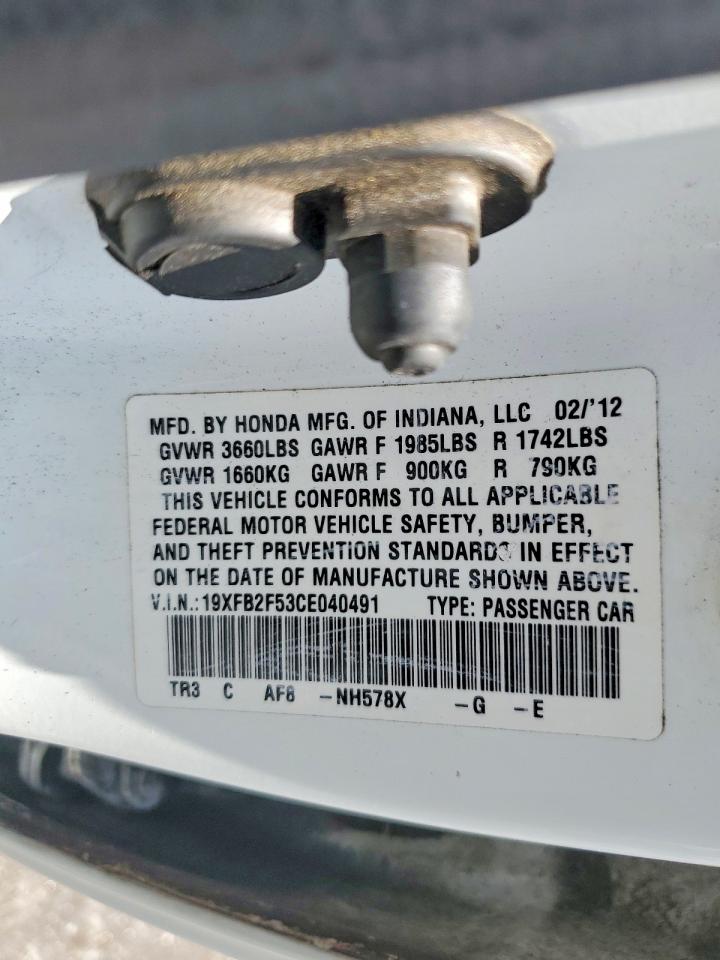 2012 Honda Civic Lx White vin: 19XFB2F53CE040491