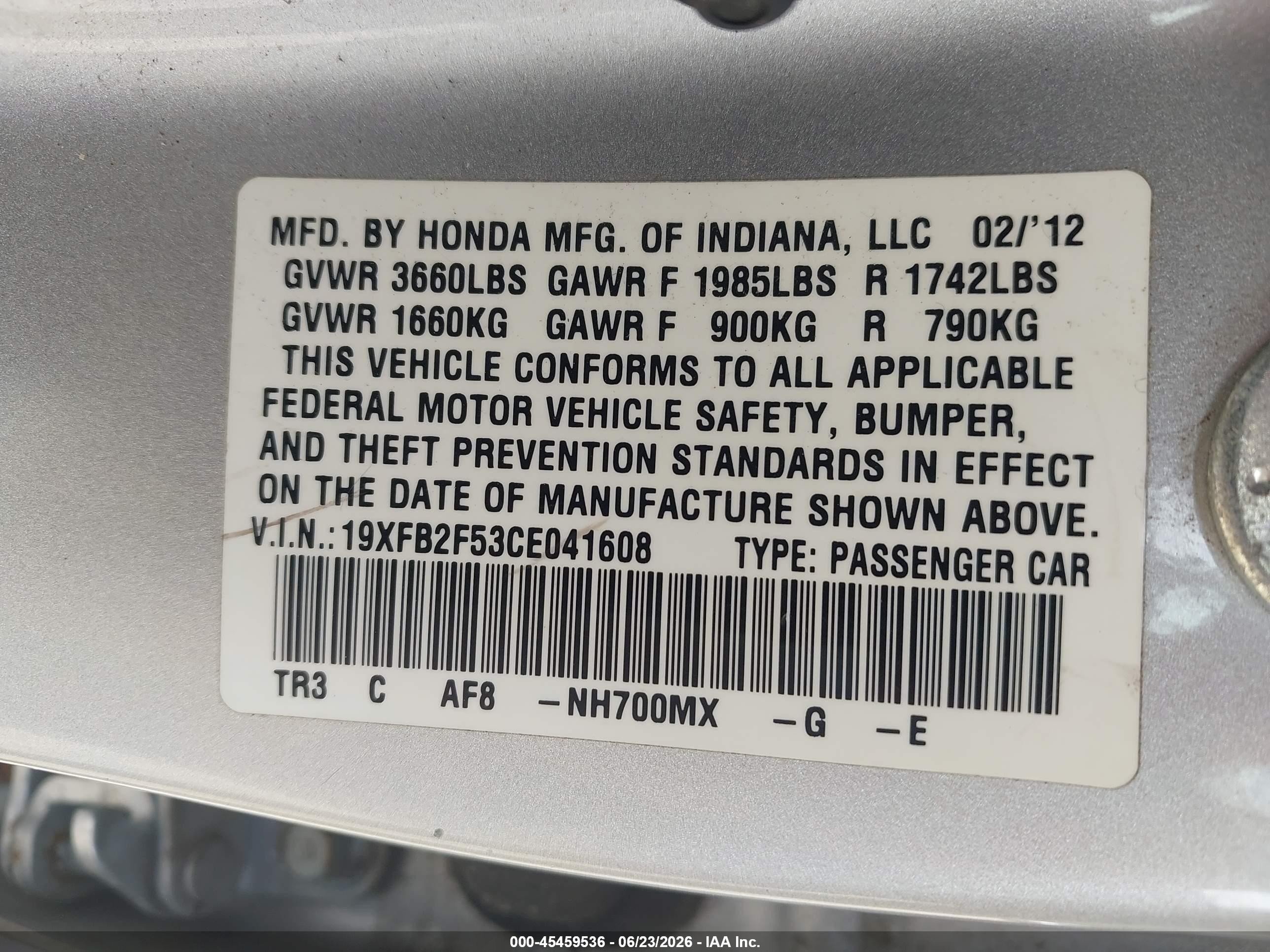 2012 Honda Civic Lx Серебряный vin: 19XFB2F53CE041608