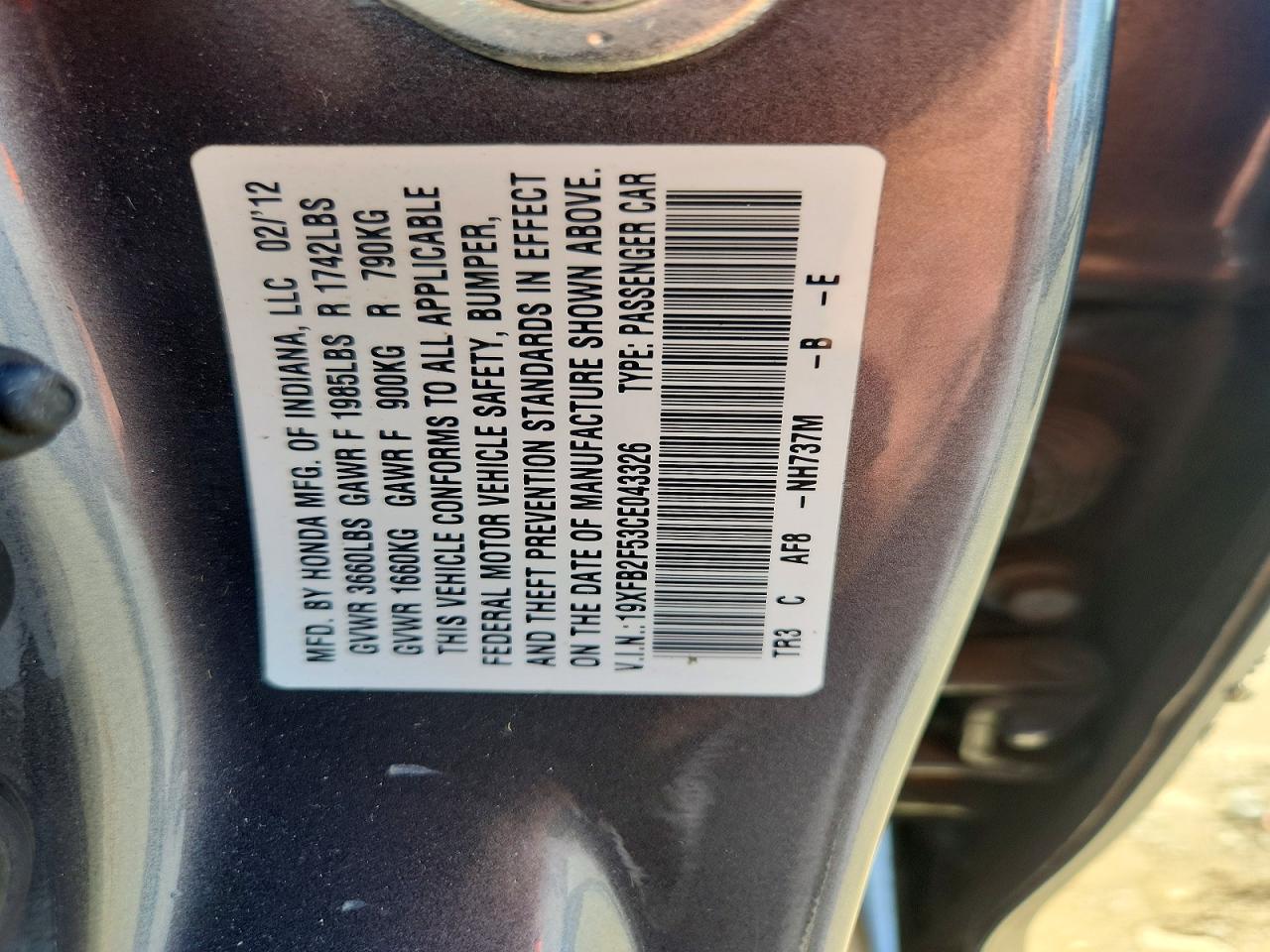 2012 Honda Civic Gray vin: 19XFB2F53CE043326